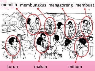turun
memilih membungkus menggoreng membuat
makan minum
 