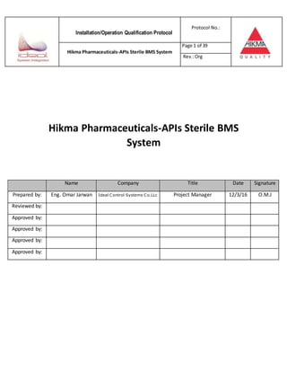 Installation/Operation Qualification Protocol
Protocol No.:
Hikma Pharmaceuticals-APIs Sterile BMS System
Page 1 of 39
Rev.:Org
Hikma Pharmaceuticals-APIs Sterile BMS
System
Name Company Title Date Signature
Prepared by: Eng. Omar Jarwan Ideal Control Systems Co.LLc Project Manager 12/3/16 O.M.J
Reviewed by:
Approved by:
Approved by:
Approved by:
Approved by:
 
