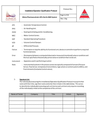 Installation/Operation Qualification Protocol
Protocol No.:
Hikma Pharmaceuticals-APIs Sterile BMS System
Page 6 of 39
Rev.:Org
ATC : AutomaticTemperature Control.
AHU : Air HandlingUnit
HVAC : HeatingVentilatingandAir-Conditioning.
MCC : Motor Control Center.
SOP : Standard OperatingProcedure
VCD : Volume Control Damper.
ΔP : Differential Pressure.
Failure : Terminationorstopthe abilityof afunctional unit,device orcontrollertoperformarequired
function/process.
Error : Discrepancybetweenacomputedobservedormeasured(monitored) value orconditionand
the true specifiedortheoreticallycorrectvalue orconditionthatistobe set.
Instrument : Apparatususedinperforminganaction
Note : Instrumentedsystemsin the processsectorare typicallycomposedof sensors(Pressure
Sensor,flowSensor,temperaturetransmitters),logicsolversorcontrol systems(DDCs),and
final elements(ContactorControl valves).
7- Signature List:
The individual(s)executingthis Installation/OperationQualificationProtocol mustprinttheir
name withtheirtitle,signtheirname andentertheirinitialsinthe table below. Thisserves
to identifythe individual(s) executingeachunittestaseachunittest onlyrequiresrecording
of the individual(s) initialsatthe completionof the unittest:
Name of Tester Company Title Initials Signature
 