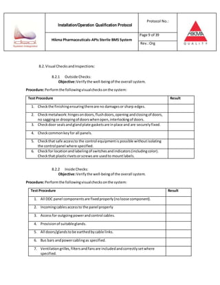 Installation/Operation Qualification Protocol
Protocol No.:
Hikma Pharmaceuticals-APIs Sterile BMS System
Page 9 of 39
Rev.:Org
8.2. Visual ChecksandInspections:
8.2.1 Outside Checks:
Objective:Verifythe well-beingof the overall system.
Procedure:Performthe followingvisualchecksonthe system:
Test Procedure Result
1. Checkthe finishingensuringthereare no damagesor sharp edges.
2. Checkmetalwork:hingesondoors,flushdoors,opening andclosingof doors,
no saggingor droopingof doorswhenopen,interlockingof doors.
3. Checkdoor sealsandglandplate gasketsare inplace and are securelyfixed.
4. Checkcommonkeyfor all panels.
5. Checkthat safe accessto the control equipmentis possible withoutisolating
the control panel where specified.
6. Checkfor locationandlabelingof switchesandindicators(includingcolor).
Checkthat plasticrivetsorscrewsare usedto mountlabels.
8.2.2 Inside Checks:
Objective:Verifythe well-beingof the overall system.
Procedure:Performthe followingvisualchecksonthe system:
Test Procedure Result
1. All DDC panel componentsare fixedproperly(noloose component).
2. Incomingcablesaccessto the panel properly
3. Access for outgoingpowerandcontrol cables.
4. Provisionof suitableglands.
5. All doors/glandstobe earthedbycable links.
6. Bus bars andpowercablingas specified.
7. Ventilationgrilles,filtersandfansare includedandcorrectlysetwhere
specified.
 