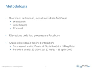 Metodologia

      • Quotidiani, settimanali, mensili censiti da AudiPress
              56 quotidiani
              33 ...