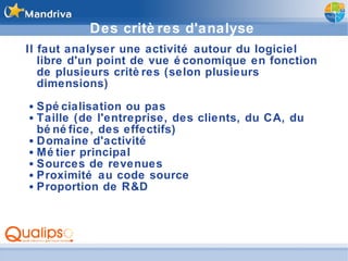 Des critères d'analyse Il faut analyser une activité autour du logiciel libre d'un point de vue économique en fonction de plusieurs critères (selon plusieurs dimensions) Spécialisation ou pas Taille (de l'entreprise, des clients, du CA, du bénéfice, des effectifs) Domaine d'activité Métier principal Sources de revenues Proximité au code source Proportion de R&D 
