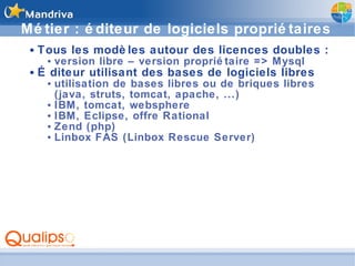 Métier : éditeur de logiciels propriétaires Tous les modèles autour des licences doubles : version libre – version propriétaire => Mysql Éditeur utilisant des bases de logiciels libres utilisation de bases libres ou de briques libres (java, struts, tomcat, apache, ...) IBM, tomcat, websphere IBM, Eclipse, offre Rational Zend (php) Linbox FAS (Linbox Rescue Server) 