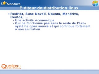 Éditeur de distribution linux RedHat, Suse Novell, Ubuntu, Mandriva, Centos, ... Une activité économique Qui ne fonctionne pas sans le reste de l'éco-système open source et qui contribue fortement à son animation 