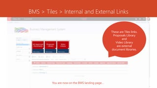 BMS > Tiles > Internal and External Links
You are now on the BMS landing page…
These are Tiles links.
Proposals Library
and
Video Library
are external
document libraries.
 
