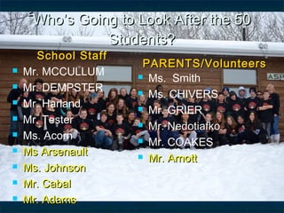 WhoWho’s Going to Look After the 50’s Going to Look After the 50
Students?Students?
School StaffSchool Staff
 Mr. MCCULLUM
 Mr. DEMPSTER
 Mr. Harland
 Mr. Tester
 Ms. Acorn
 Ms ArsenaultMs Arsenault
 Ms. JohnsonMs. Johnson
 Mr.Mr. CabalCabal
 Mr. AdamsMr. Adams
PARENTS/VolunteersPARENTS/Volunteers
 Ms. Smith
 Ms. CHIVERS
 Mr. GRIER
 Mr. NedotiafkoMr. Nedotiafko
 Mr.Mr. COAKES
 Mr.Mr. ArnottArnott
 