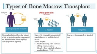 BEST FOR You
O R G A N I C S C O M P A N Y
Types of Bone Marrow Transplant
Autologous (your own cells)
Allogeneic Syngeneic
Stem cells obtained from the patient
while in remission and cryopreserved
for administration following high
dose preparative regimen
Stem cells obtained from genetically
matched donor or umbilical cord
blood..
Donor may be:
• Related (usually HLA identical
sibling, parent, relative)
• Closely HLA- matched volunteer
unrelated donor (VUD).
Source of the stem cells is identical
twin
 