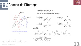 47
Coseno da Diferença
Geraldo Xexéo - xexeo@cos.ufrj.br
19
)
(
)
(
)
cos(
)
cos(
)
cos(
)
cos(







sen
sen
+
=
=
−
=
2
1
2
1
1
2
1
2
1
1
)
(
)
cos(
y
x
y
sen
y
x
x
+
=
+
=


2
1
2
1
2
1
2
1
2
1
2
1
2
2
2
2
2
2
1
2
1
1
2
2
2
2
2
2
1
2
1
1
)
cos(
y
x
y
x
y
y
x
x
y
x
y
y
x
y
y
x
x
y
x
x
+

+
+
=
=
+

+
+
+

+
=
=

β
α
θ
A=(x1,y1)
B=(x2,y2)
y1
y2
x1
x2
2
2
2
2
y
x
+
2
1
2
1
y
x
+
2
2
2
2
2
2
2
2
2
2
)
(
)
cos(
y
x
y
sen
y
x
x
+
=
+
=


Você quer a prova ? http://www.themathpage.com/aTrig/sum-proof.htm
)
(
)
(
)
cos(
)
cos(
)
cos( 




 sen
sen
+
=
−
 