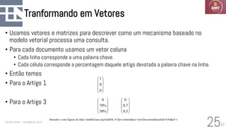 47
Tranformando em Vetores
• Usamos vetores e matrizes para descrever como um mecanismo baseado no
modelo vetorial processa uma consulta.
• Para cada documento usamos um vetor coluna
• Cada linha corresponde a uma palavra chave.
• Cada célula corresponde a percentagem daquele artigo devotada a palavra chave na linha.
• Então temos
• Para o Artigo 1
• Para o Artigo 3
Geraldo Xexéo - xexeo@cos.ufrj.br
25










%
30
%
70
0










3
,
0
7
,
0
0
Baseado e com figuras de http://mathdl.maa.org/mathDL/4/?pa=content&sa=viewDocument&nodeId=636&pf=1










0
0
1
 