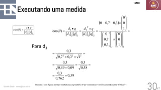 47
Executando uma medida
Geraldo Xexéo - xexeo@cos.ufrj.br
30
2
2
)
cos(
y
x
y
x•
=

( )
39
,
0
762
,
0
3
,
0
58
,
0
3
,
0
09
,
0
49
,
0
3
,
0
1
3
,
0
7
,
0
3
,
0
1
0
0
3
,
0
7
,
0
0
1
0
0
3
,
0
7
,
0
0
)
cos(
2
2
2
2
2
2
2
3
3
2
2
3
3
=
=
=
=
+
=
=

+
=
=
































=

=
•
=
q
d
q
d
q
d
q
d
T

Para d3
Baseado e com figuras de http://mathdl.maa.org/mathDL/4/?pa=content&sa=viewDocument&nodeId=636&pf=1
MRI
 