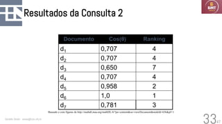 47
Resultados da Consulta 2
Geraldo Xexéo - xexeo@cos.ufrj.br
33
Documento Cos(θ) Ranking
d1 0,707 4
d2 0,707 4
d3 0,650 7
d4 0,707 4
d5 0,958 2
d6 1,0 1
d7 0,781 3
Baseado e com figuras de http://mathdl.maa.org/mathDL/4/?pa=content&sa=viewDocument&nodeId=636&pf=1
 