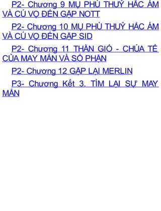 P2- Chương 9 MỤ PHÙ THUỶ HẮC ÁM
VÀ CÚ VỌ ĐẾN GẶP NOTT
P2- Chương 10 MỤ PHÙ THUỶ HẮC ÁM
VÀ CÚ VỌ ĐẾN GẶP SID
P2- Chương 11 THẦN GIÓ - CHÚA TỂ
CỦA MAY MẮN VÀ SỐ PHẬN
P2- Chương 12 GẶP LẠI MERLIN
P3- Chương Kết 3. TÌM LẠI SỰ MAY
MẮN
 