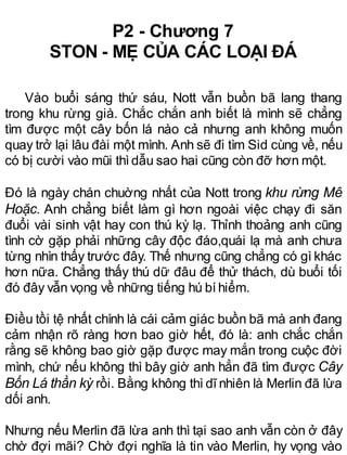 P2 - Chương 7
STON - MẸ CỦA CÁC LOẠI ĐÁ
Vào buổi sáng thứ sáu, Nott vẫn buồn bã lang thang
trong khu rừng già. Chắc chắn anh biết là mình sẽ chẳng
tìm được một cây bốn lá nào cả nhưng anh không muốn
quay trở lại lâu đài một mình. Anh sẽ đi tìm Sid cùng về, nếu
có bị cười vào mũi thìdẫu sao hai cũng còn đỡ hơn một.
Đó là ngày chán chuờng nhất của Nott trong khu rừng Mê
Hoặc. Anh chẳng biết làm gì hơn ngoài việc chạy đi săn
đuổi vài sinh vật hay con thú kỳ lạ. Thỉnh thoảng anh cũng
tình cờ gặp phải những cây độc đáo,quái lạ mà anh chưa
từng nhìn thấy trước đây. Thế nhưng cũng chẳng có gì khác
hơn nữa. Chẳng thấy thú dữ đâu để thử thách, dù buổi tối
đó đây vẫn vọng về những tiếng hú bíhiểm.
Điều tồi tệ nhất chính là cái cảm giác buồn bã mà anh đang
cảm nhận rõ ràng hơn bao giờ hết, đó là: anh chắc chắn
rằng sẽ không bao giờ gặp được may mắn trong cuộc đời
mình, chứ nếu không thì bây giờ anh hẳn đã tìm được Cây
Bốn Lá thần kỳ rồi. Bằng không thì dĩ nhiên là Merlin đã lừa
dối anh.
Nhưng nếu Merlin đã lừa anh thì tại sao anh vẫn còn ở đây
chờ đợi mãi? Chờ đợi nghĩa là tin vào Merlin, hy vọng vào
 