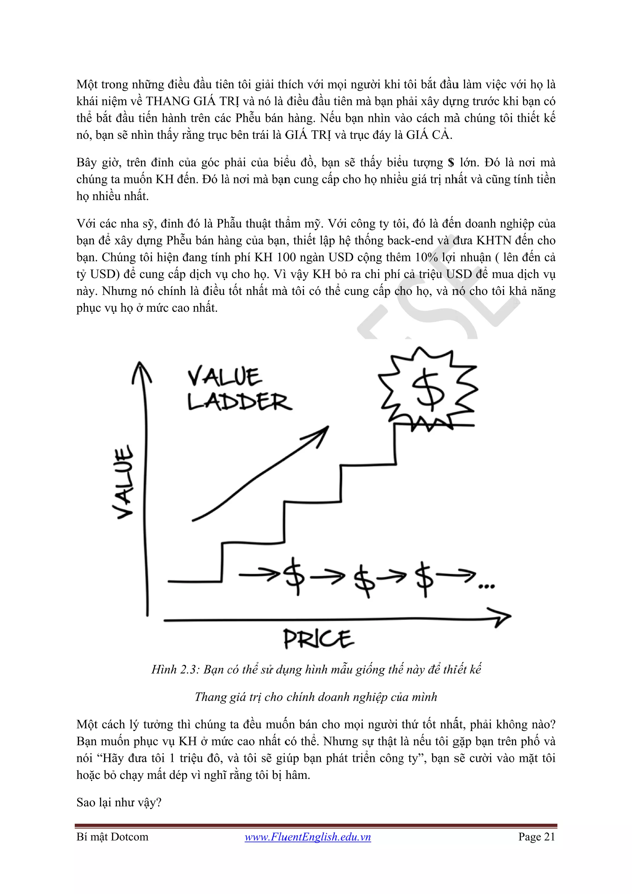 Bí mật D
Một tro
khái niệ
thể bắt
nó, bạn
Bây giờ
chúng t
họ nhiề
Với các
bạn để
bạn. Ch
tỷ USD
này. Nh
phục vụ
Một các
Bạn mu
nói “Hã
hoặc bỏ
Sao lại
Dotcom
ong những đ
ệm về THA
đầu tiến hà
sẽ nhìn thấ
ờ, trên đỉnh
ta muốn KH
u nhất.
c nha sỹ, đỉn
xây dựng P
húng tôi hiệ
D) để cung c
hưng nó chí
ụ họ ở mức
Hình
ch lý tưởng
uốn phục vụ
ãy đưa tôi 1
ỏ chạy mất d
như vậy?
điều đầu tiên
ANG GIÁ TR
ành trên các
ấy rằng trục
h của góc p
H đến. Đó là
nh đó là Ph
Phễu bán hà
ện đang tính
cấp dịch vụ
ính là điều
cao nhất.
h 2.3: Bạn c
Thang
g thì chúng
ụ KH ở mứ
1 triệu đô, v
dép vì nghĩ
www.Flu
n tôi giải th
RỊ và nó là
c Phễu bán
bên trái là G
phải của biể
à nơi mà bạn
hẫu thuật thẩ
àng của bạn
h phí KH 10
cho họ. Vì
tốt nhất mà
có thể sử dụ
giá trị cho
ta đều muố
c cao nhất c
và tôi sẽ gi
rằng tôi bị h
uentEnglish.e
hích với mọ
điều đầu tiê
hàng. Nếu
GIÁ TRỊ và
ểu đồ, bạn
n cung cấp
ẩm mỹ. Vớ
n, thiết lập h
00 ngàn US
ì vậy KH bỏ
à tôi có thể
ụng hình mẫ
chính doan
ốn bán cho
có thể. Như
iúp bạn phá
hâm.
edu.vn
ọi người khi
ên mà bạn p
bạn nhìn v
à trục đáy là
sẽ thấy biể
cho họ nhiề
ới công ty tô
hệ thống ba
SD cộng thê
ỏ ra chi phí
cung cấp c
ẫu giống thế
nh nghiệp củ
mọi người
ưng sự thật
át triển công
i tôi bắt đầu
phải xây dựn
vào cách mà
à GIÁ CẢ.
ểu tượng $
ều giá trị nh
ôi, đó là đến
ck-end và đ
êm 10% lợi
í cả triệu US
ho họ, và n
ế này để thi
ủa mình
thứ tốt nhấ
là nếu tôi g
g ty”, bạn s
u làm việc v
ng trước kh
à chúng tôi
lớn. Đó là
hất và cũng
n doanh ngh
đưa KHTN
nhuận ( lên
SD để mua
nó cho tôi k
iết kế
ất, phải khô
gặp bạn trên
sẽ cười vào
Page 21
với họ là
hi bạn có
thiết kế
à nơi mà
tính tiền
hiệp của
đến cho
n đến cả
dịch vụ
khả năng
ông nào?
n phố và
o mặt tôi
 