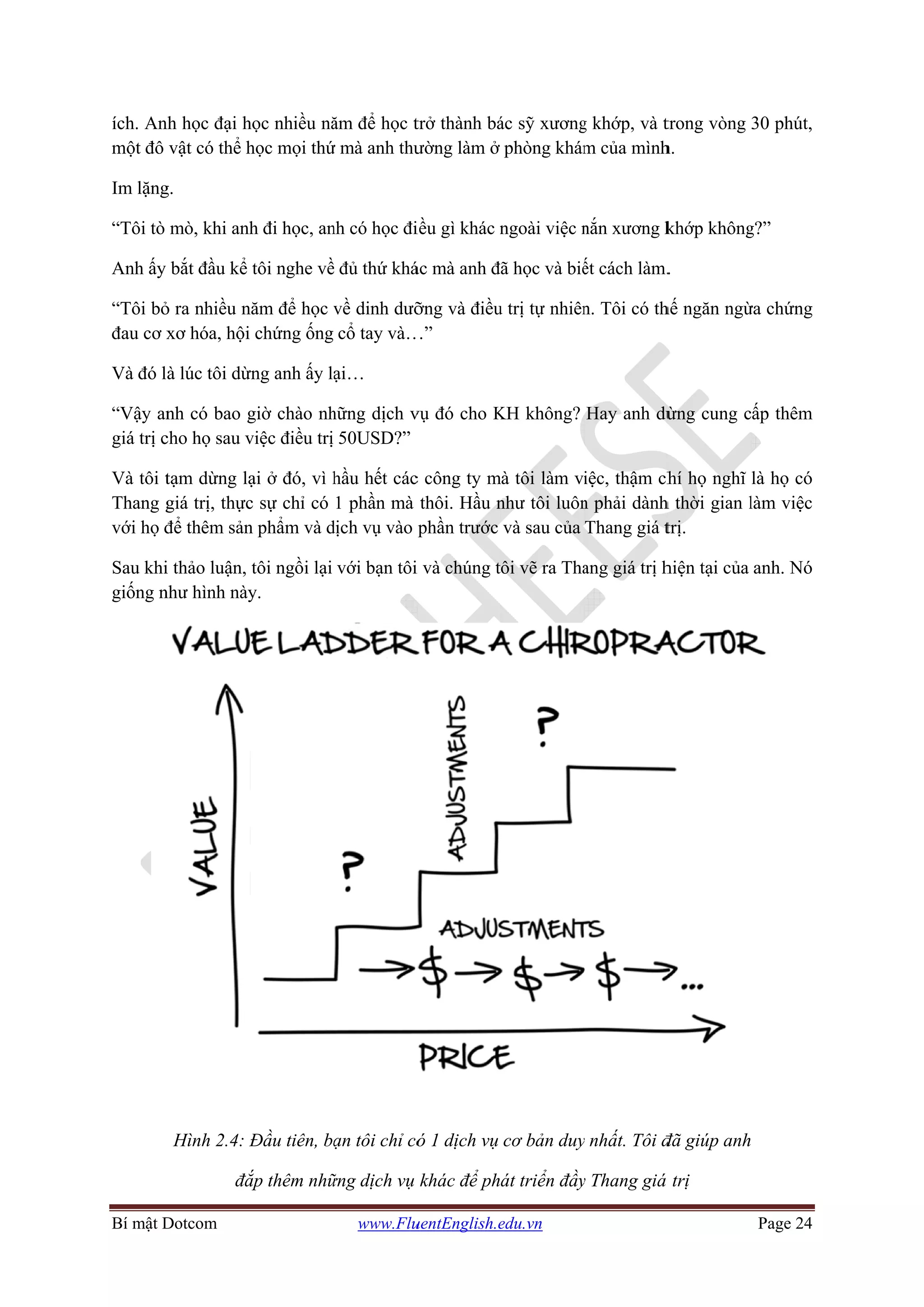 Bí mật D
ích. An
một đô
Im lặng
“Tôi tò
Anh ấy
“Tôi bỏ
đau cơ x
Và đó l
“Vậy an
giá trị c
Và tôi t
Thang g
với họ đ
Sau khi
giống n
Dotcom
nh học đại h
vật có thể h
g.
mò, khi anh
bắt đầu kể
ỏ ra nhiều n
xơ hóa, hội
à lúc tôi dừ
nh có bao g
cho họ sau v
tạm dừng lạ
giá trị, thực
để thêm sản
i thảo luận,
như hình này
Hình 2.4: Đ
đắ
học nhiều nă
học mọi thứ
h đi học, an
tôi nghe về
năm để học v
chứng ống
ừng anh ấy lạ
giờ chào nh
việc điều trị
ại ở đó, vì h
c sự chỉ có
n phẩm và d
tôi ngồi lại
y.
Đầu tiên, bạ
ắp thêm nhữ
www.Flu
ăm để học t
ứ mà anh thư
nh có học đi
ề đủ thứ khá
về dinh dưỡ
cổ tay và…
ại…
hững dịch v
50USD?”
hầu hết các
1 phần mà
dịch vụ vào
với bạn tôi
ạn tôi chỉ có
ững dịch vụ
uentEnglish.e
trở thành bá
ường làm ở
iều gì khác n
ác mà anh đ
ỡng và điều
…”
vụ đó cho K
c công ty m
thôi. Hầu n
phần trước
i và chúng t
ó 1 dịch vụ
khác để ph
edu.vn
ác sỹ xương
phòng khám
ngoài việc n
ã học và biế
u trị tự nhiên
KH không?
mà tôi làm vi
như tôi luôn
và sau của
ôi vẽ ra Tha
cơ bản duy
át triển đầy
g khớp, và t
m của mình
nắn xương k
ết cách làm.
n. Tôi có th
Hay anh dừ
iệc, thậm ch
n phải dành
Thang giá t
ang giá trị h
y nhất. Tôi đ
y Thang giá
trong vòng
h.
khớp không
.
hế ngăn ngừ
ừng cung c
hí họ nghĩ
h thời gian l
trị.
hiện tại của
đã giúp anh
trị
Page 24
30 phút,
g?”
ừa chứng
ấp thêm
là họ có
làm việc
anh. Nó
 