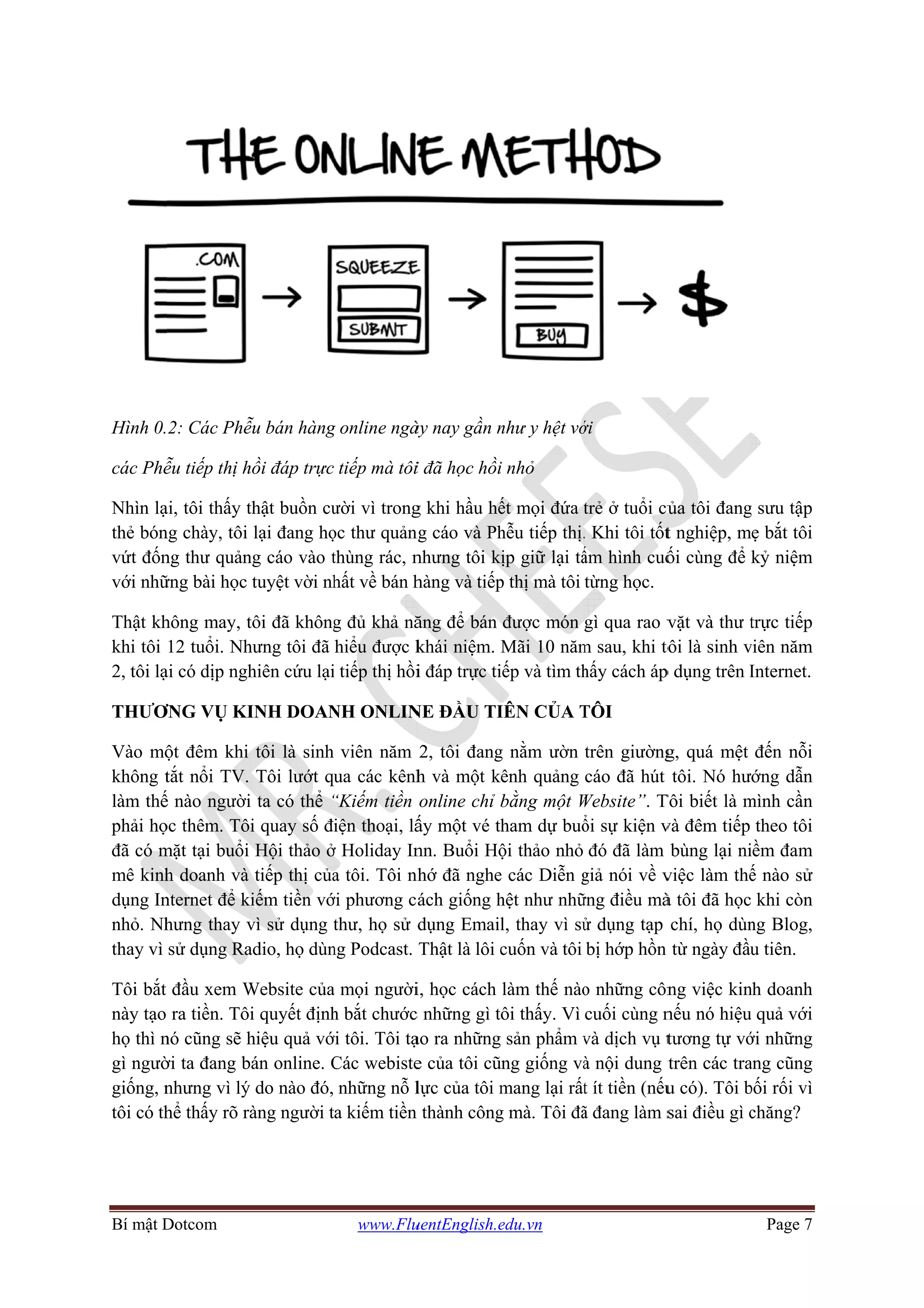 Bí mật D
Hình 0.
các Phễ
Nhìn lạ
thẻ bón
vứt đốn
với nhữ
Thật kh
khi tôi
2, tôi lạ
THƯƠ
Vào mộ
không t
làm thế
phải họ
đã có m
mê kinh
dụng In
nhỏ. Nh
thay vì
Tôi bắt
này tạo
họ thì n
gì ngườ
giống, n
tôi có th
Dotcom
2: Các Phễ
ễu tiếp thị h
ại, tôi thấy t
ng chày, tôi
ng thư quản
ững bài học
hông may, t
12 tuổi. Nh
ại có dịp ngh
ƠNG VỤ KI
ột đêm khi
tắt nổi TV.
ế nào người
ọc thêm. Tôi
mặt tại buổi
h doanh và
nternet để k
hưng thay v
sử dụng Ra
đầu xem W
ra tiền. Tôi
nó cũng sẽ h
ời ta đang b
nhưng vì lý
hể thấy rõ rà
ễu bán hàng
hồi đáp trực
thật buồn cư
lại đang họ
ng cáo vào t
tuyệt vời nh
tôi đã không
hưng tôi đã
hiên cứu lại
INH DOAN
tôi là sinh
Tôi lướt q
i ta có thể “
i quay số đ
Hội thảo ở
tiếp thị của
iếm tiền vớ
vì sử dụng t
adio, họ dùn
Website của
i quyết định
hiệu quả vớ
án online. C
do nào đó,
àng người t
www.Flu
g online ngà
tiếp mà tôi
ười vì trong
ọc thư quản
thùng rác, n
hất về bán h
g đủ khả nă
hiểu được k
i tiếp thị hồi
NH ONLIN
viên năm
ua các kênh
“Kiếm tiền
iện thoại, lấ
ở Holiday In
a tôi. Tôi nh
ới phương c
thư, họ sử d
ng Podcast.
a mọi người
h bắt chước
ới tôi. Tôi tạ
Các webiste
những nỗ l
a kiếm tiền
uentEnglish.e
ày nay gần n
i đã học hồi
g khi hầu hế
ng cáo và Ph
nhưng tôi k
hàng và tiếp
ăng để bán
khái niệm.
i đáp trực ti
NE ĐẦU TI
2, tôi đang
h và một k
online chỉ b
ấy một vé th
nn. Buổi Hộ
nhớ đã nghe
ách giống h
dụng Email
Thật là lôi c
i, học cách
c những gì t
ạo ra những
e của tôi cũ
lực của tôi m
thành công
edu.vn
như y hệt vớ
i nhỏ
ết mọi đứa t
hễu tiếp thị.
ịp giữ lại tấ
p thị mà tôi
được món
Mãi 10 năm
iếp và tìm th
IÊN CỦA T
g nằm ườn
ênh quảng
bằng một W
ham dự buổ
ội thảo nhỏ
e các Diễn g
hệt như nhữ
l, thay vì sử
cuốn và tôi
làm thế nào
ôi thấy. Vì
sản phẩm v
ũng giống và
mang lại rất
g mà. Tôi đã
ới
trẻ ở tuổi củ
. Khi tôi tốt
ấm hình cuố
từng học.
gì qua rao v
m sau, khi tô
hấy cách áp
TÔI
trên giường
cáo đã hút
Website”. T
ổi sự kiện v
đó đã làm
giả nói về v
ững điều mà
ử dụng tạp
bị hớp hồn
o những côn
cuối cùng n
và dịch vụ t
à nội dung t
t ít tiền (nếu
ã đang làm s
ủa tôi đang
t nghiệp, m
ối cùng để
vặt và thư t
tôi là sinh v
p dụng trên I
g, quá mệt
tôi. Nó hư
Tôi biết là m
và đêm tiếp
bùng lại ni
việc làm thế
à tôi đã học
chí, họ dùn
từ ngày đầu
ng việc kin
nếu nó hiệu
tương tự vớ
trên các tra
u có). Tôi b
sai điều gì c
Page 7
g sưu tập
ẹ bắt tôi
kỷ niệm
trực tiếp
viên năm
Internet.
đến nỗi
ớng dẫn
mình cần
theo tôi
iềm đam
ế nào sử
khi còn
ng Blog,
u tiên.
nh doanh
u quả với
ới những
ang cũng
bối rối vì
chăng?
 