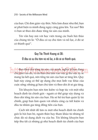 210 - Secrets of the Millionaire Mind

của bạn. Chỉ đơn giản vậy thôi. Nếu làm được như thế, bạn
sẽ phát hiện ra mình đang ngày càng giàu lên. Tại sao? Bởi
vì bạn sẽ theo dõi được tổng tài sản của mình.
Tôi vẫn hay nói với học viên trong các buổi hội thảo
của chúng tôi là: “Ở đâu có sự chú tâm và nỗ lực, ở đó sẽ
có thành quả”.

Quy Tắc Thịnh Vượng số 30:
Ở đâu có sự chú tâm và nỗ lực, ở đó sẽ có thành quả.

http://forum.tech24h.vn
Bạn theo dõi tổng tài sản của mình, nghĩa là bạn đang
chú tâm vào đó, và do bạn chú tâm vào việc gì thì việc ấy sẽ
mang lại kết quả, nên tổng tài sản của bạn sẽ tăng lên. Quy
luật này cũng có thể áp dụng cho mọi lĩnh vực khác của
cuộc sống: những gì bạn chú tâm và theo dõi ắt sẽ gia tăng.

Tôi khuyên bạn nên tìm kiếm và hợp tác với một nhà
hoạch định tài chính giỏi - người có thể giúp xây dựng và
theo dõi tổng tài sản của bạn. Họ sẽ hỗ trợ bạn quản lý tài
chính, giúp bạn làm quen với nhiều công cụ tiết kiệm và
đầu tư nhằm gia tăng đồng tiền của bạn.
Cách tốt nhất để tìm ra một nhà hoạch định tài chính
giỏi là hỏi bạn bè, người thân hay tham khảo từ những tổ
chức đã sử dụng dịch vụ của họ. Tôi không khuyên bạn
tiếp thu tất cả những gì nhà hoạch định tài chính của bạn

 
