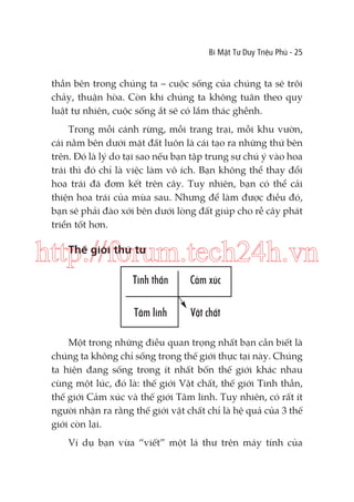 Bí Mật Tư Duy Triệu Phú - 25

thần bên trong chúng ta – cuộc sống của chúng ta sẽ trôi
chảy, thuận hòa. Còn khi chúng ta không tuân theo quy
luật tự nhiên, cuộc sống ắt sẽ có lắm thác ghềnh.
Trong mỗi cánh rừng, mỗi trang trại, mỗi khu vườn,
cái nằm bên dưới mặt đất luôn là cái tạo ra những thứ bên
trên. Đó là lý do tại sao nếu bạn tập trung sự chú ý vào hoa
trái thì đó chỉ là việc làm vô ích. Bạn không thể thay đổi
hoa trái đã đơm kết trên cây. Tuy nhiên, bạn có thể cải
thiện hoa trái của mùa sau. Nhưng để làm được điều đó,
bạn sẽ phải đào xới bên dưới lòng đất giúp cho rễ cây phát
triển tốt hơn.

http://forum.tech24h.vn
Thế giới thứ tư

Tinh thần

Cảm xúc

Tâm linh

Vật chất

Một trong những điều quan trọng nhất bạn cần biết là
chúng ta không chỉ sống trong thế giới thực tại này. Chúng
ta hiện đang sống trong ít nhất bốn thế giới khác nhau
cùng một lúc, đó là: thế giới Vật chất, thế giới Tinh thần,
thế giới Cảm xúc và thế giới Tâm linh. Tuy nhiên, có rất ít
người nhận ra rằng thế giới vật chất chỉ là hệ quả của 3 thế
giới còn lại.
Ví dụ bạn vừa “viết” một lá thư trên máy tính của

 