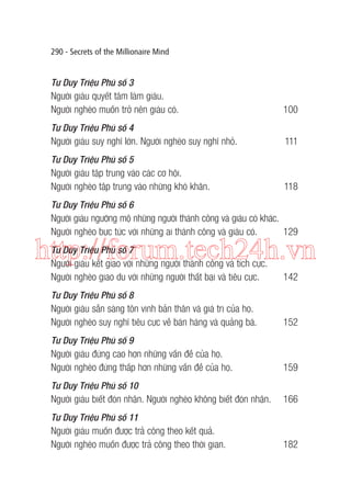 290 - Secrets of the Millionaire Mind

Tư Duy Triệu Phú số 3
Người giàu quyết tâm làm giàu.
Người nghèo muốn trở nên giàu có.

100

Tư Duy Triệu Phú số 4
Người giàu suy nghĩ lớn. Người nghèo suy nghĩ nhỏ.

111

Tư Duy Triệu Phú số 5
Người giàu tập trung vào các cơ hội.
Người nghèo tập trung vào những khó khăn.

118

Tư Duy Triệu Phú số 6
Người giàu ngưỡng mộ những người thành công và giàu có khác.
Người nghèo bực tức với những ai thành công và giàu có.
129

http://forum.tech24h.vn
Tư Duy Triệu Phú số 7
Người giàu kết giao với những người thành công và tích cực.
Người nghèo giao du với những người thất bại và tiêu cực.

142

Tư Duy Triệu Phú số 8
Người giàu sẵn sàng tôn vinh bản thân và giá trị của họ.
Người nghèo suy nghĩ tiêu cực về bán hàng và quảng bá.

152

Tư Duy Triệu Phú số 9
Người giàu đứng cao hơn những vấn đề của họ.
Người nghèo đứng thấp hơn những vấn đề của họ.

159

Tư Duy Triệu Phú số 10
Người giàu biết đón nhận. Người nghèo không biết đón nhận.

166

Tư Duy Triệu Phú số 11
Người giàu muốn được trả công theo kết quả.
Người nghèo muốn được trả công theo thời gian.

182

 