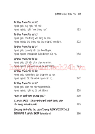 Bí Mật Tư Duy Triệu Phú - 291

Tư Duy Triệu Phú số 12
Người giàu suy nghĩ “cả hai”.
Người nghèo nghĩ “một trong hai”.

193

Tư Duy Triệu Phú số 13
Người giàu chú trọng vào tổng tài sản.
Người nghèo chú trọng vào thu nhập từ việc làm.

202

Tư Duy Triệu Phú số 14
Người giàu quản lý tiền của họ rất giỏi.
Người nghèo không biết quản lý tiền của họ.

213

Tư Duy Triệu Phú số 15
Người giàu bắt tiền phải phục vụ mình.
Người nghèo làm việc vất vả để kiếm tiền.

227

Tư Duy Triệu Phú số 16
Người giàu hành động bất chấp nỗi sợ hãi.
Người nghèo để nỗi sợ hãi ngăn cản họ.

242

Tư Duy Triệu Phú số 17
Người giàu luôn học hỏi và phát triển.
Người nghèo nghĩ họ đã biết tất cả.

258

“Vậy tôi phải làm gì bây giờ?”

270

T. HARV EKER - Từ tay trắng trở thành Triệu phú
chỉ trong hai năm rưỡi!

275

Chương trình đào tạo của Công ty PEAK POTENTIALS
TRAINING T. HARV EKER tại châu Á

276

http://forum.tech24h.vn

 
