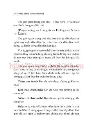 34 - Secrets of the Millionaire Mind

Thế giới quan trong quá khứ ---> Suy nghĩ ---> Cảm xúc
---> Hành động ---> Kết quả
(Programming --->
---> Results)

Thoughts ---> Feelings ---> Actions

Thế giới quan trong quá khứ của bạn sẽ dẫn đến suy
nghĩ, suy nghĩ dẫn dến cảm xúc, cảm xúc dẫn đến hành
động, và hành động dẫn đến kết quả.
Vì vậy, giống như bạn có thể làm với máy tính cá nhân:
nếu bạn thay đổi nội dung chương trình đã lập sẵn thì bạn
đã tạo một bước tiến quan trọng để thay đổi kết quả của
mình.

http://forum.tech24h.vn
Thế giới quan của chúng ta được tạo ra như thế nào?
Cách thức tư duy của chúng ta về mọi lĩnh vực trong cuộc
sống, kể cả về tiền bạc, được định hình một cách áp đặt
trong quá khứ theo ba cách chính sau đây:

Thông qua lời nói: Bạn đã nghe được những gì khi còn
nhỏ?
Làm theo khuôn mẫu: Bạn đã nhìn thấy những gì khi
còn nhỏ?
Sự kiện cá nhân cụ thể: Bạn đã trải nghiệm những gì khi
còn nhỏ?
Hiểu rõ ba yếu tố khuôn mẫu định hình cách tư duy
trên là điều vô cùng quan trọng, vì thế bạn hãy dành thời
gian để suy nghĩ và nghiên cứu chúng thật tỉ mỉ, chi tiết.

 