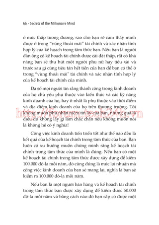 66 - Secrets of the Millionaire Mind

ở mức thấp tương đương, sao cho bạn sẽ cảm thấy mình
được ở trong “vùng thoải mái” tài chính và xác nhận tính
hợp lý của kế hoạch trong tâm thức bạn. Nếu bạn là người
đàn ông có kế hoạch tài chính được cài đặt thấp, rất có khả
năng bạn sẽ thu hút một người phụ nữ hay tiêu xài và
trước sau gì cũng tiêu tán hết tiền của bạn để bạn có thể ở
trong “vùng thoải mái" tài chính và xác nhận tính hợp lý
của kế hoạch tài chính của mình.
Đa số mọi người tin rằng thành công trong kinh doanh
của họ chủ yếu phụ thuộc vào kiến thức và các kỹ năng
kinh doanh của họ, hay ít nhất là phụ thuộc vào thời điểm
và địa điểm kinh doanh của họ trên thương trường. Tôi
không muốn phủ nhận niềm tin ấy của bạn, nhưng quả là
điều đó không lấy gì làm chắc chắn nếu không muốn nói
là không hề có ý nghĩa!

http://forum.tech24h.vn
Công việc kinh doanh tiến triển tốt như thế nào đều là
kết quả của kế hoạch tài chính trong tâm thức của bạn. Bạn
luôn có xu hướng muốn chứng minh rằng kế hoạch tài
chính trong tâm thức của mình là đúng. Nếu bạn có một
kế hoạch tài chính trong tâm thức được xây dựng để kiếm
100.000 đô-la mỗi năm, đó cũng đúng là mức lợi nhuận mà
công việc kinh doanh của bạn sẽ mang lại, nghĩa là bạn sẽ
kiếm ra 100.000 đô-la mỗi năm.
Nếu bạn là một người bán hàng và kế hoạch tài chính
trong tâm thức bạn được xây dựng để kiếm được 50.000
đô-la mỗi năm và bằng cách nào đó bạn sắp có được một

 