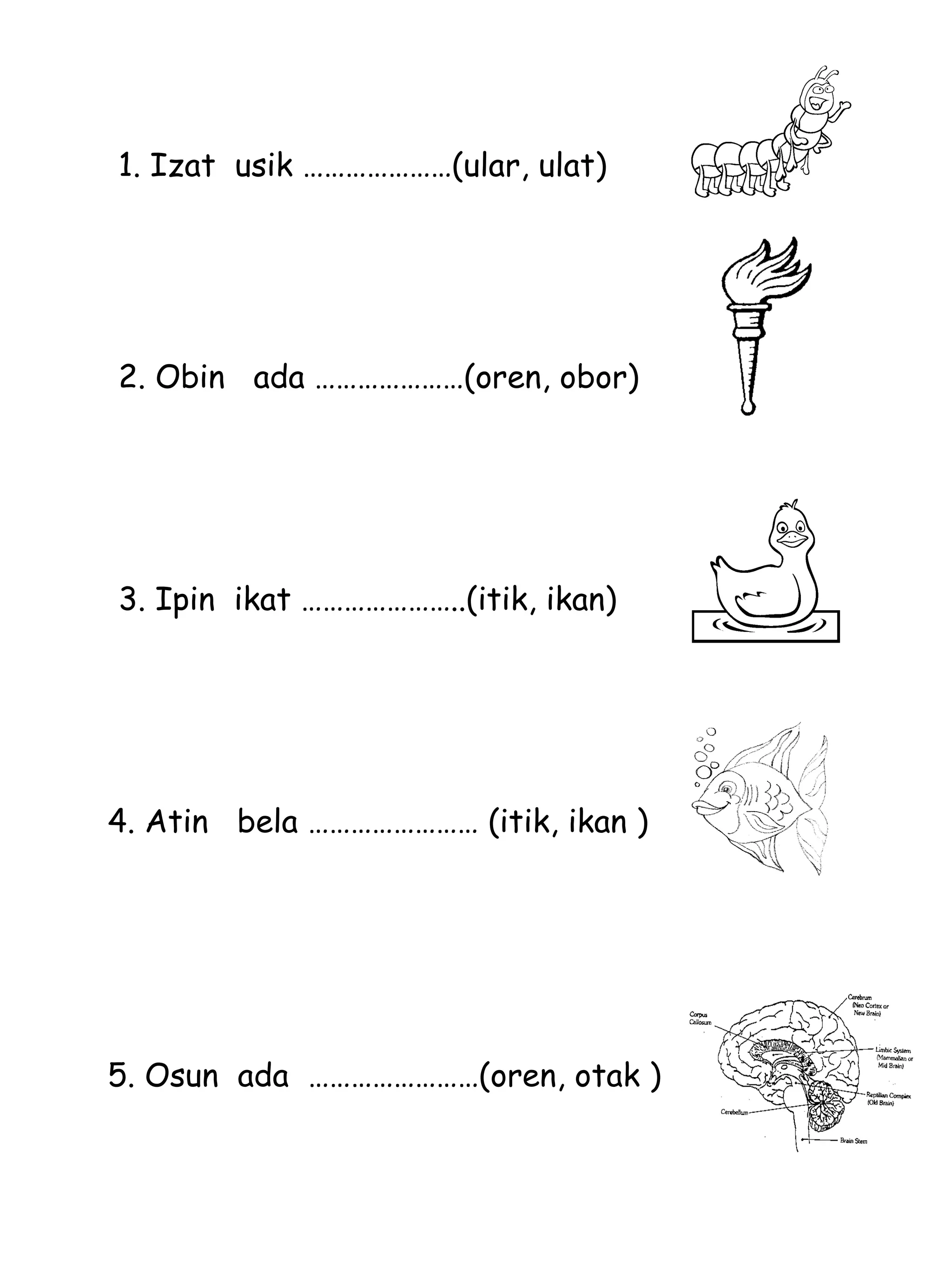1. Izat  usik …………………(ular, ulat) 2. Obin  ada …………………(oren, obor) 3. Ipin  ikat …………………..(itik, ikan) 4. Atin  bela …………………… (itik, ikan ) 5. Osun  ada  ……………………(oren, otak ) 