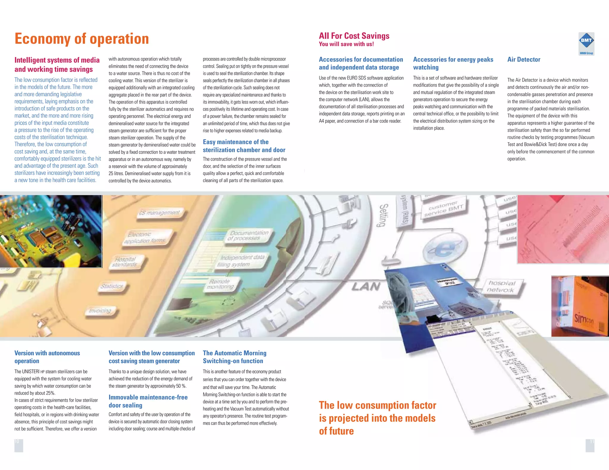 10
Version with autonomous
operation
The UNISTERI HP steam sterilizers can be
equipped with the system for cooling water
saving by which water consumption can be
reduced by about 25%.
In cases of strict requirements for low sterilizer
operating costs in the health-care facilities,
ﬁeld hospitals, or in regions with drinking water
absence, this principle of cost savings might
not be sufﬁcient. Therefore, we offer a version
Version with the low consumption
cost saving steam generator
Thanks to a unique design solution, we have
achieved the reduction of the energy demand of
the steam generator by approximately 50 %.
Immovable maintenance-free
door sealing
Comfort and safety of the user by operation of the
device is secured by automatic door closing system
including door sealing; course and multiple checks of
with autonomous operation which totally
eliminates the need of connecting the device
to a water source. There is thus no cost of the
cooling water. This version of the sterilizer is
equipped additionally with an integrated cooling
aggregate placed in the rear part of the device.
The operation of this apparatus is controlled
fully by the sterilizer automatics and requires no
operating personnel. The electrical energy and
demineralised water source for the integrated
steam generator are sufﬁcient for the proper
steam sterilizer operation. The supply of the
steam generator by demineralised water could be
solved by a ﬁxed connection to a water treatment
apparatus or in an autonomous way, namely by
a reservoir with the volume of approximately
25 litres. Demineralised water supply from it is
controlled by the device automatics.
processes are controlled by double microprocessor
control. Sealing put on tightly on the pressure vessel
is used to seal the sterilization chamber. Its shape
seals perfectly the sterilization chamber in all phases
of the sterilization cycle. Such sealing does not
require any specialized maintenance and thanks to
its immovability, it gets less worn out, which inﬂuen-
ces positively its lifetime and operating cost. In case
of a power failure, the chamber remains sealed for
an unlimited period of time, which thus does not give
rise to higher expenses related to media backup.
Easy maintenance of the
sterilization chamber and door
The construction of the pressure vessel and the
door, and the selection of the inner surfaces
quality allow a perfect, quick and comfortable
cleaning of all parts of the sterilization space.
Economy of operation
The Automatic Morning
Switching-on function
This is another feature of the economy product
series that you can order together with the device
and that will save your time. The Automatic
Morning Switching-on function is able to start the
device at a time set by you and to perform the pre-
heating and the Vacuum Test automatically without
any operator’s presence. The routine test program-
mes can thus be performed more effectively.
Intelligent systems of media
and working time savings
The low consumption factor is reﬂected
in the models of the future. The more
and more demanding legislative
requirements, laying emphasis on the
introduction of safe products on the
market, and the more and more rising
prices of the input media constitute
a pressure to the rise of the operating
costs of the sterilisation technique.
Therefore, the low consumption of
cost saving and, at the same time,
comfortably equipped sterilizers is the hit
and advantage of the present age. Such
sterilizers have increasingly been setting
a new tone in the health care facilities.
11
All For Cost Savings
You will save with us!
Air Detector
The Air Detector is a device which monitors
and detects continuously the air and/or non-
condensable gasses penetration and presence
in the sterilisation chamber during each
programme of packed materials sterilisation.
The equipment of the device with this
apparatus represents a higher guarantee of the
sterilisation safety than the so far performed
routine checks by testing programmes (Vacuum
Test and Bowie&Dick Test) done once a day
only before the commencement of the common
operation.
Accessories for documentation
and independent data storage
Use of the new EURO SDS software application
which, together with the connection of
the device on the sterilisation work site to
the computer network (LAN), allows the
documentation of all sterilisation processes and
independent data storage, reports printing on an
A4 paper, and connection of a bar code reader.
Accessories for energy peaks
watching
This is a set of software and hardware sterilizer
modiﬁcations that give the possibility of a single
and mutual regulation of the integrated steam
generators operation to secure the energy
peaks watching and communication with the
central technical ofﬁce, or the possibility to limit
the electrical distribution system sizing on the
installation place.
The low consumption factor
is projected into the models
of future
 