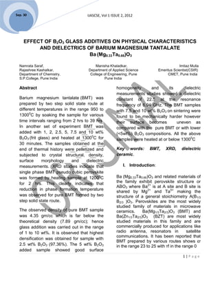 Sep. 30                               IJASCSE, Vol 1 ISSUE 2, 2012




     EFFECT OF B2O3 GLASS ADDITIVES ON PHYSICAL CHARACTERISTICS
          AND DIELECTRICS OF BARIUM MAGNESIUM TANTALATE
                            Ba (Mg0.33Ta0.66)O3

  Namrata Saraf,                           Manisha Khaladkar,                               Imtiaz Mulla
  Rajashree Kashalkar,                 Department of Applied Science           Emeritus Scientist(CSIR)
  Department of Chemistry,              College of Engineering, Pune                CMET, Pune India
  S.P.College, Pune India                        Pune India

  Abstract                                              homogeneity       and     its     dielectric
                                                        measurements studies showed a dielectric
  Barium magnesium tantalate (BMT) was                  constant of 22.5 at the resonance
  prepared by two step solid state route at             frequency of 6.94 GHz. The BMT samples
  different temperatures in the range 950 to            with 7.5 and 10 wt% B2O3 on sintering were
  13000C by soaking the sample for various              found to be mechanically harder however
  time intervals ranging from 2 hrs to 39 hrs.          their surface becomes         uneven as
  In another set of experiment BMT was                  compared with the pure BMT or with lower
  added with 1, 2, 2.5, 5, 7.5 and 10 wt%               (<5wt%) B2O3 compositions. All the above
  B2O3 (frit glass) and heated at 13000C for            samples were heated at or below 13000C
  30 minutes. The samples obtained at the
  end of thermal history were pelletized and            Key words:        BMT,      XRD,     dielectric
  subjected to crystal structural, density,             ceramic.
  surface      morphology    and     dielectric
  measurements. XRD studies indicate that                   I. Introduction:
  single phase BMT pseudo cubic perovskite
  was formed by heating sample at 12000C                Ba (Mg0.33Ta0.66)O3 and related materials of
  for 2 hrs. This clearly indicates that                the family exhibit perovskite structure or
                                                        ABO3 where Ba2+ is at A site and B site is
  reduction in phase formation temperature
                                                        shared by Mg2+ and Ta5+ making the
  was observed for pure BMT formed by two               structure of a general stoichiometry A(B1/3
  step solid state route.                               B2/3 )O3. Perovskites are the most widely
                                                        studied family of materials in microwave
  The observed density of pure BMT sample               ceramics.     Ba(Mg1/3Ta2/3)O3 (BMT) and
  was 4.35 gm/cc which is far below the                 Ba(Zn1/3Ta2/3)O3 (BZT) are most widely
  theoretical density (7.89 gm/cc); hence               studied materials in this family and are
  glass addition was carried out in the range           commercially produced for applications like
  of 1 to 10 wt%. It is observed that highest           radio antenna, resonators in           satellite
                                                        communications. It has been reported that
  densification was obtained for sample with
                                                        BMT prepared by various routes shows εr
  2.5 wt% B2O3 (97.36%). The 5 wt% B2O3                 in the range 23 to 25 with τf in the range 0
  added sample showed good surface
                                                                                              1|Page
 