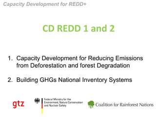 Capacity Development for REDD+



              CD REDD 1 and 2

 1. Capacity Development for Reducing Emissions
    from Deforestation and forest Degradation

 2. Building GHGs National Inventory Systems
 