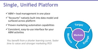 Single, Unified Platform
ABM + lead management in one place
“Accounts” natively built into data model and
surfaced across platform
Proven marketing automation capabilities
Consistent, easy-to-use interface for your
ABM activities
You benefit from a shorter learning curve, faster
time to value and stronger marketing ROI
Marketo
 