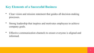 1
Key Elements of a Successful Business
• Clear vision and mission statement that guides all decision-making
processes.
• Strong leadership that inspires and motivates employees to achieve
company goals.
• Effective communication channels to ensure everyone is aligned and
informed.
 