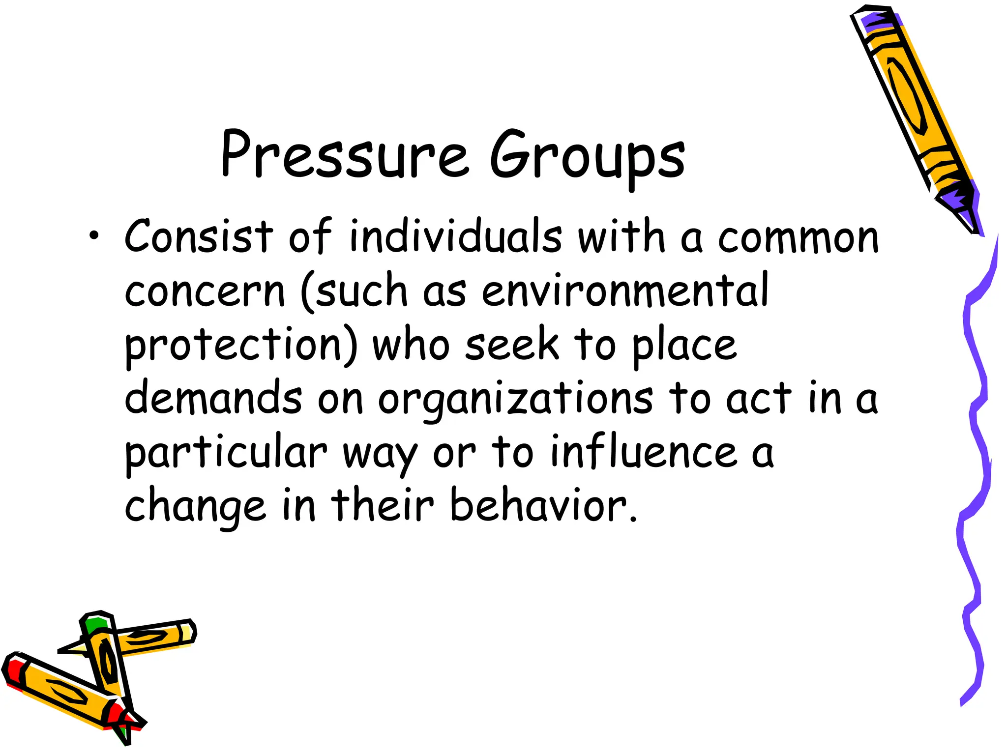Pressure Groups
• Consist of individuals with a common
concern (such as environmental
protection) who seek to place
demands on organizations to act in a
particular way or to influence a
change in their behavior.
 