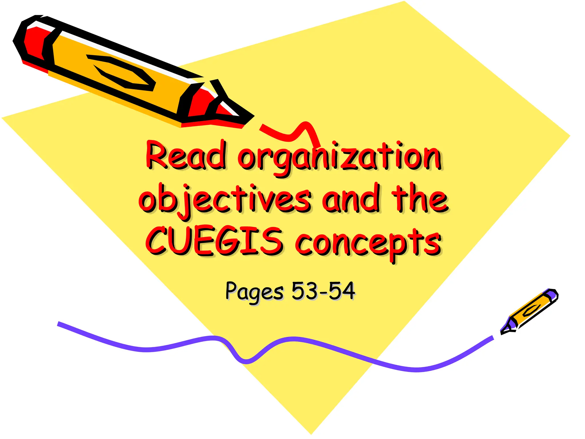 Read organization
Read organization
objectives and the
objectives and the
CUEGIS concepts
CUEGIS concepts
Pages 53-54
Pages 53-54
 