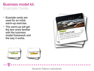 Deutsche Telekom Laboratories
Business model kit.
Example Cards.
 Example cards are
used for an initial
warm-up exercise.
 The warm-up will get
the tam more familiar
with the business
model framework and
the way it works.
 