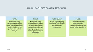 HASIL DARI PERTANIAN TERPADU
FOOD
Komponen yang
menghasilkan pangan
untuk manusia sebagai
sumber karbohidrat,
protein dan nutrisi
lainnya.
FEED
Komponen yang
menghasilkan pakan
ternak misalnya dari
magot, jerami, bungkil
jagung, rumput, daun,
baik segaran maupun
fermentasi.
FERTILIZER
Pupuk organik yang
dihasilkan dari limbah
pertanian dan
peternakan.
FUEL
Limbah kohe yang
dikelola melalui
instalasi biogas menjadi
bahan bakar dan listrik.
20XX 5
 