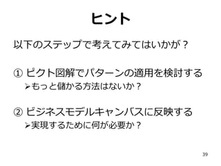 ヒント
以下のステップで考えてみてはいかが？
① ピクト図解でパターンの適用を検討する
もっと儲かる方法はないか？

② ビジネスモデルキャンバスに反映する
実現するために何が必要か？
39

 