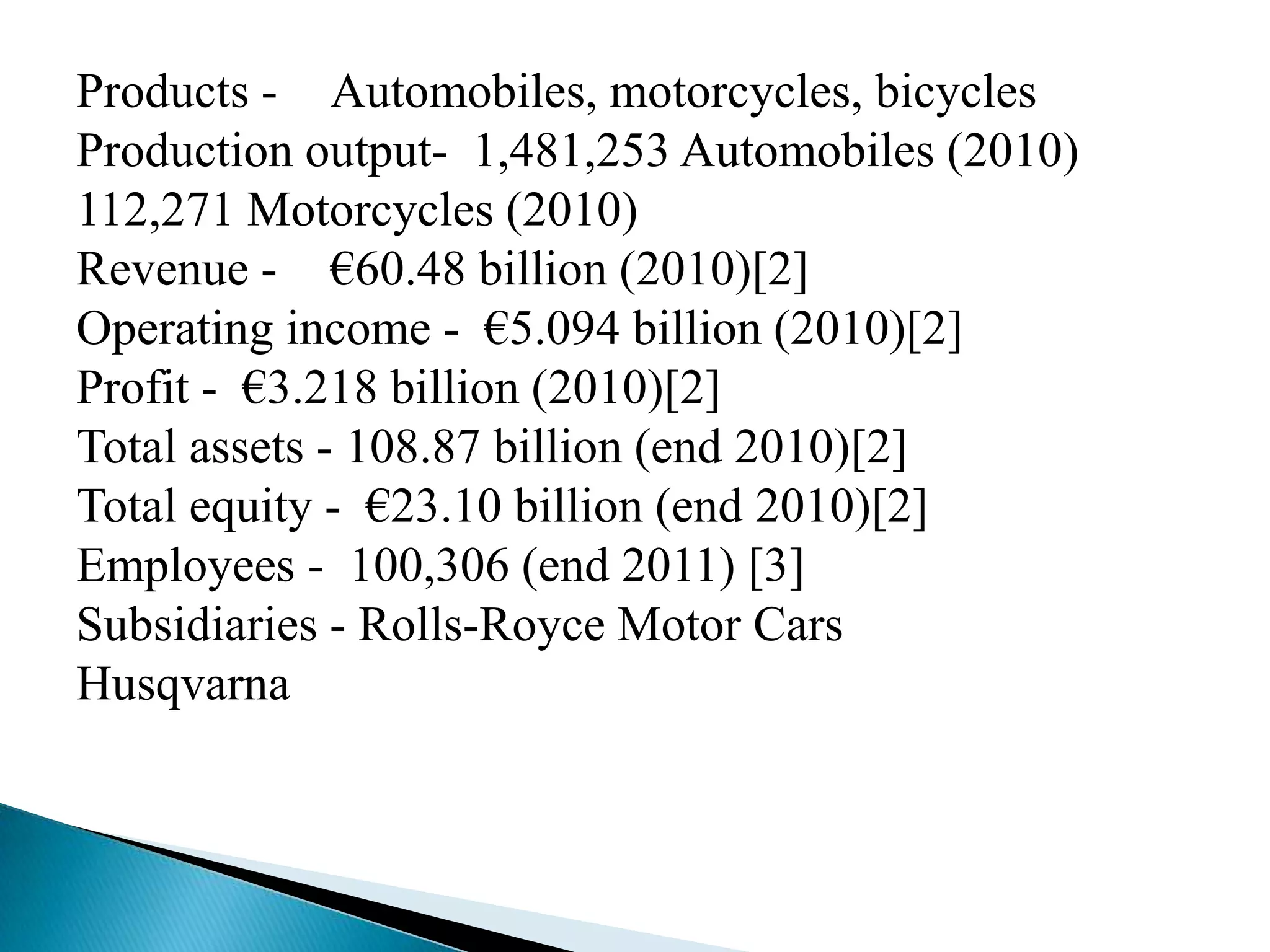Products - Automobiles, motorcycles, bicycles
Production output- 1,481,253 Automobiles (2010)
112,271 Motorcycles (2010)
Revenue - €60.48 billion (2010)[2]
Operating income - €5.094 billion (2010)[2]
Profit - €3.218 billion (2010)[2]
Total assets - 108.87 billion (end 2010)[2]
Total equity - €23.10 billion (end 2010)[2]
Employees - 100,306 (end 2011) [3]
Subsidiaries - Rolls-Royce Motor Cars
Husqvarna
 
