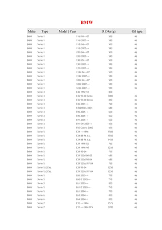 BMW
Make Type Model | Year R134a (g) Oil type
BMW Serie 1 116i 04-->07 500 46
BMW Serie 1 116i 2007--> 590 46
BMW Serie 1 118i 04-->07 500 46
BMW Serie 1 118i 2007--> 590 46
BMW Serie 1 120i 04-->07 500 46
BMW Serie 1 120i 2007--> 590 46
BMW Serie 1 130i 05-->07 500 46
BMW Serie 1 130i 2007--> 590 46
BMW Serie 1 135i 2007--> 590 46
BMW Serie 1 118d 04-->07 500 46
BMW Serie 1 118d 2007--> 590 46
BMW Serie 1 120d 04-->07 500 46
BMW Serie 1 120d 2007--> 590 46
BMW Serie 1 123d 2007--> 590 46
BMW Serie 3 E30 1992-93 800
BMW Serie 3 E36 95-00 Seiko 1000 46
BMW Serie 3 E36 95-00 Denso 850 46
BMW Serie 3 E46 2001--> 760 46
BMW Serie 3 E46DIESEL 2001> 680 46
BMW Serie 3 E90 2005--> 600 46
BMW Serie 3 E90 2005--> 500 46
BMW Serie 3 E91 2005--> 600 46
BMW Serie 3 E91 SW 2005--> 500 46
BMW Serie 3 E92 Cabrio 2005 500 46
BMW Serie 5 E34 -->1996 1500 46
BMW Serie 5 E34 88-96 t.t. 1550 46
BMW Serie 5 E34 88-96 t.p. 1450 46
BMW Serie 5 E39 1998-02 760 46
BMW Serie 5 E39 1996-98 1250 46
BMW Serie 5 E39 95-04 750 46
BMW Serie 5 E39 520d 00-03 680 46
BMW Serie 5 E39 530d 98-04 680 46
BMW Serie 5 E39 525td 97-04 750 46
BMW Serie 5 (2EV) E39 95-04 1250 46
BMW Serie 5 (2EV) E39 525td 97-04 1250 46
BMW Serie 5 E60 2003--> 700 46
BMW Serie 5 E60 D 2003--> 710 46
BMW Serie 5 E61 2003--> 820 46
BMW Serie 5 E61 D 2003--> 710 46
BMW Serie 5 E61 2004--> 700 46
BMW Serie 6 E63 2004--> 820 46
BMW Serie 6 E64 2004--> 820 46
BMW Serie 7 E32 -->1994 1575 46
BMW Serie 7 E32 -->1994 2EV 1700 46
 