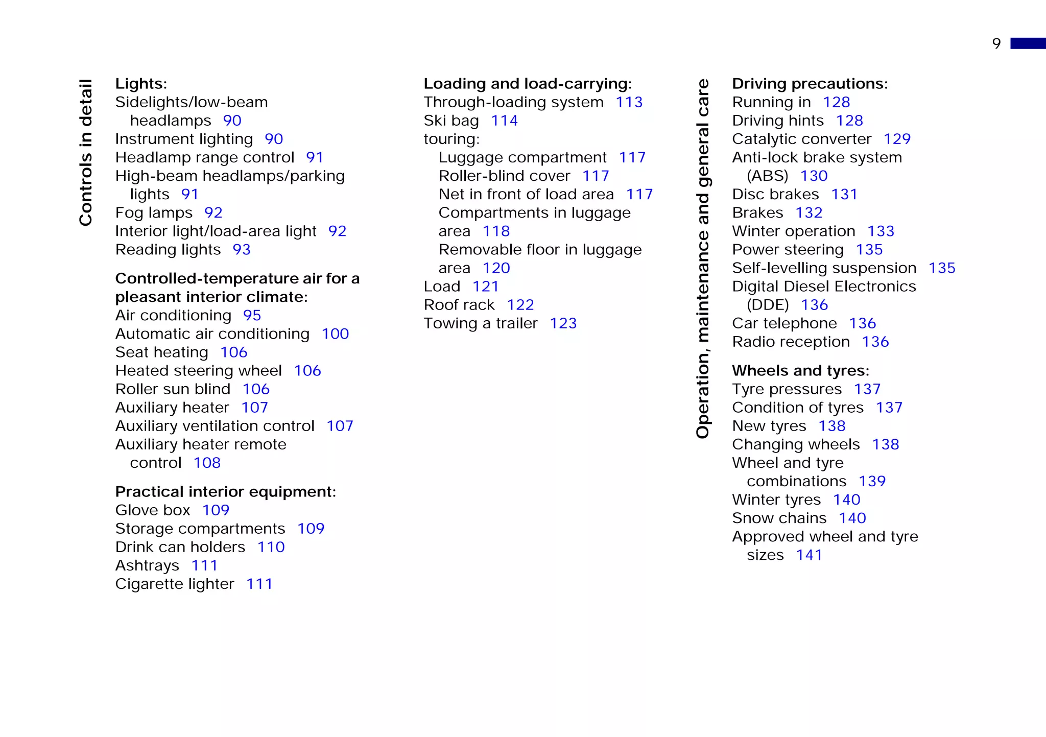 9n
Controlsindetail
Operation,maintenanceandgeneralcare
Lights:
Sidelights/low-beam
headlamps 90
Instrument lighting 90
Headlamp range control 91
High-beam headlamps/parking
lights 91
Fog lamps 92
Interior light/load-area light 92
Reading lights 93
Controlled-temperature air for a
pleasant interior climate:
Air conditioning 95
Automatic air conditioning 100
Seat heating 106
Heated steering wheel 106
Roller sun blind 106
Auxiliary heater 107
Auxiliary ventilation control 107
Auxiliary heater remote
control 108
Practical interior equipment:
Glove box 109
Storage compartments 109
Drink can holders 110
Ashtrays 111
Cigarette lighter 111
Loading and load-carrying:
Through-loading system 113
Ski bag 114
touring:
Luggage compartment 117
Roller-blind cover 117
Net in front of load area 117
Compartments in luggage
area 118
Removable floor in luggage
area 120
Load 121
Roof rack 122
Towing a trailer 123
Driving precautions:
Running in 128
Driving hints 128
Catalytic converter 129
Anti-lock brake system
(ABS) 130
Disc brakes 131
Brakes 132
Winter operation 133
Power steering 135
Self-levelling suspension 135
Digital Diesel Electronics
(DDE) 136
Car telephone 136
Radio reception 136
Wheels and tyres:
Tyre pressures 137
Condition of tyres 137
New tyres 138
Changing wheels 138
Wheel and tyre
combinations 139
Winter tyres 140
Snow chains 140
Approved wheel and tyre
sizes 141
Online Edition for Part-No. 01 41 9 791 301 - © 01/99 BMW AG
 