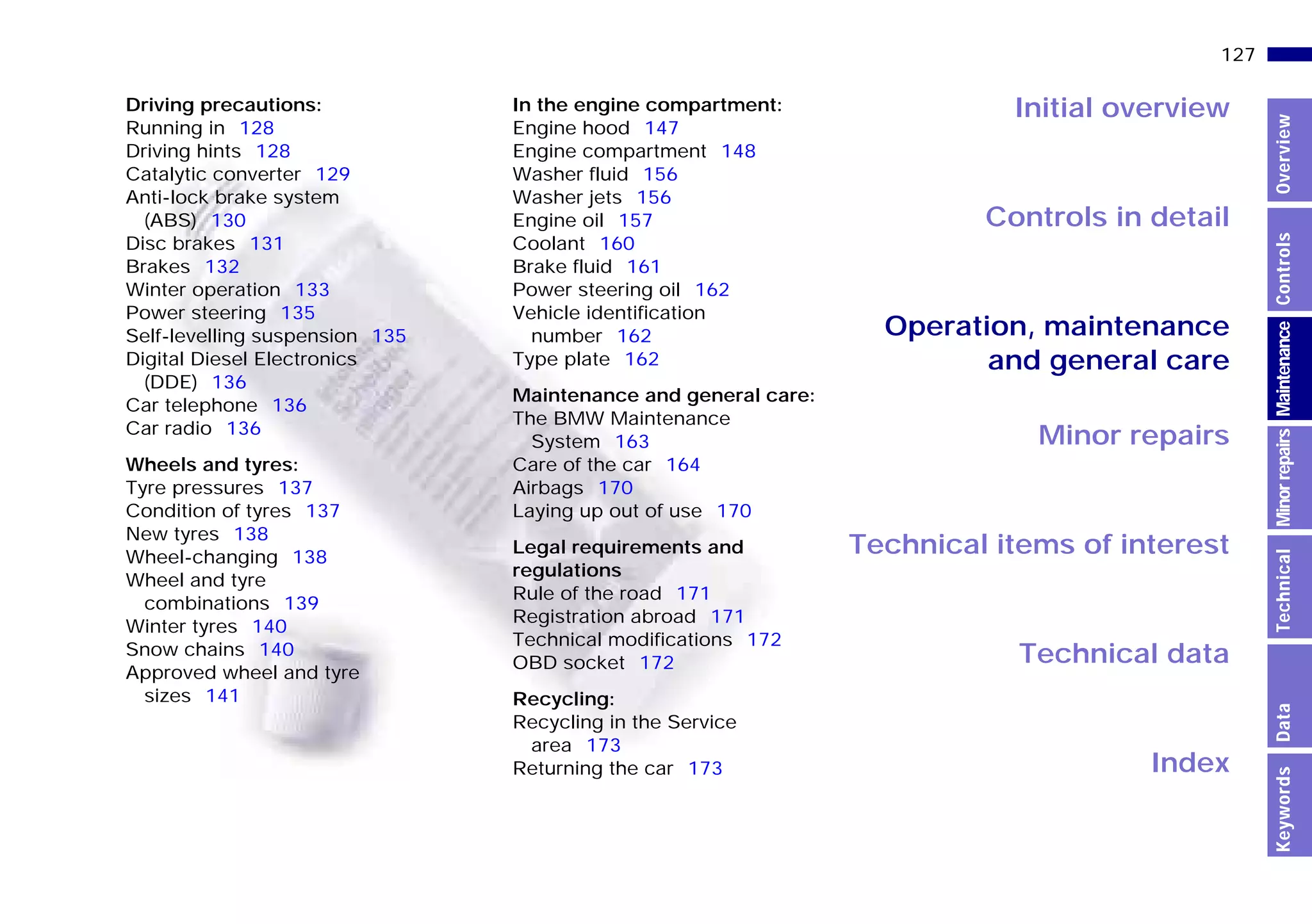Initial overview
Controls in detail
Operation, maintenance
and general care
Minor repairs
Technical data
Index
Technical items of interest
127n
MinorrepairsKeywordsOverviewControlsMaintenanceTechnicalData
Driving precautions:
Running in 128
Driving hints 128
Catalytic converter 129
Anti-lock brake system
(ABS) 130
Disc brakes 131
Brakes 132
Winter operation 133
Power steering 135
Self-levelling suspension 135
Digital Diesel Electronics
(DDE) 136
Car telephone 136
Car radio 136
Wheels and tyres:
Tyre pressures 137
Condition of tyres 137
New tyres 138
Wheel-changing 138
Wheel and tyre
combinations 139
Winter tyres 140
Snow chains 140
Approved wheel and tyre
sizes 141
In the engine compartment:
Engine hood 147
Engine compartment 148
Washer fluid 156
Washer jets 156
Engine oil 157
Coolant 160
Brake fluid 161
Power steering oil 162
Vehicle identification
number 162
Type plate 162
Maintenance and general care:
The BMW Maintenance
System 163
Care of the car 164
Airbags 170
Laying up out of use 170
Legal requirements and
regulations
Rule of the road 171
Registration abroad 171
Technical modifications 172
OBD socket 172
Recycling:
Recycling in the Service
area 173
Returning the car 173
Online Edition for Part-No. 01 41 9 791 301 - © 01/99 BMW AG
 