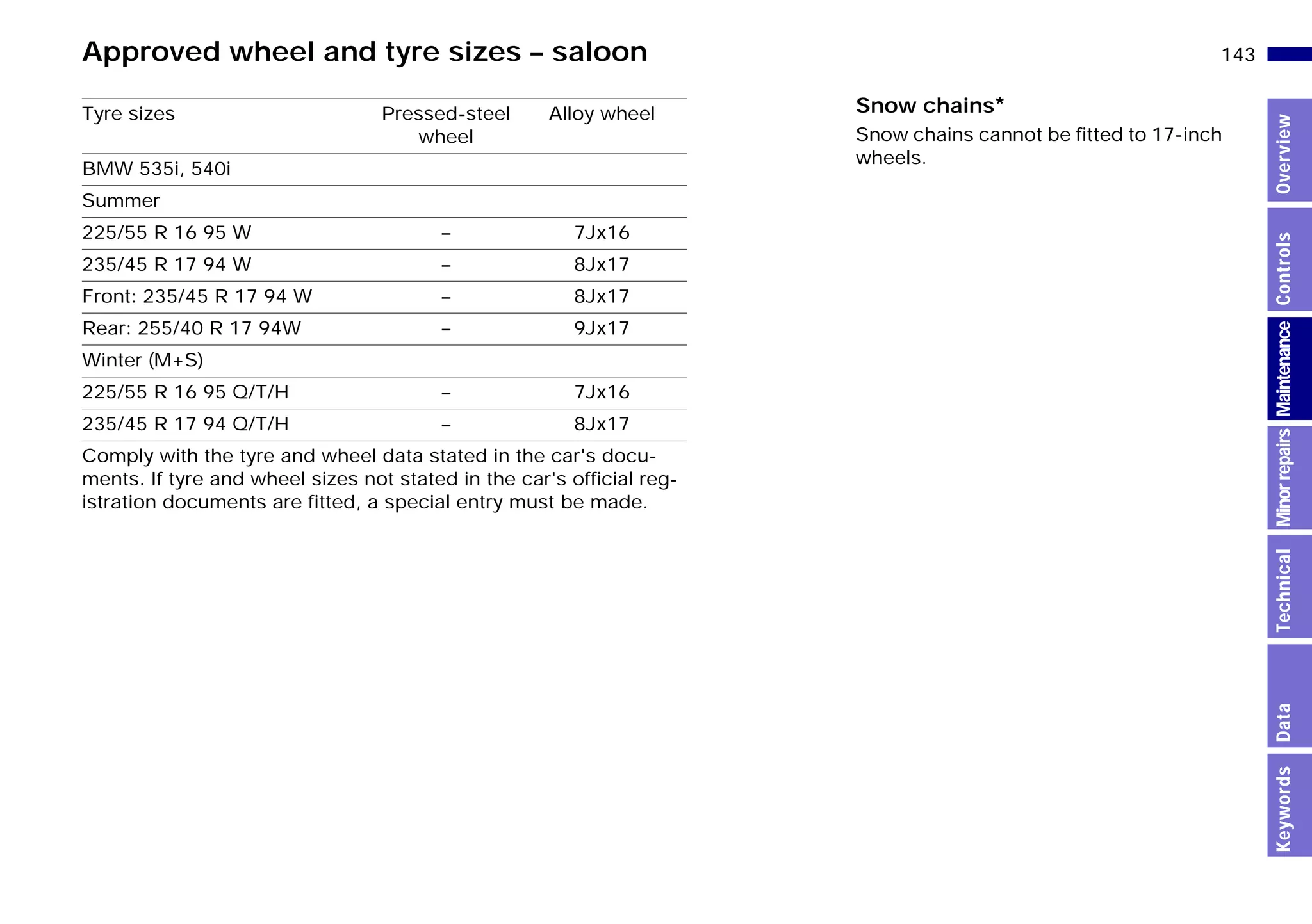 143n
MinorrepairsKeywordsOverviewControlsMaintenanceTechnicalData
Approved wheel and tyre sizes – saloon
Tyre sizes Pressed-steel
wheel
Alloy wheel
BMW 535i, 540i
Summer
225/55 R 16 95 W – 7Jx16
235/45 R 17 94 W – 8Jx17
Front: 235/45 R 17 94 W – 8Jx17
Rear: 255/40 R 17 94W – 9Jx17
Winter (M+S)
225/55 R 16 95 Q/T/H – 7Jx16
235/45 R 17 94 Q/T/H – 8Jx17
Comply with the tyre and wheel data stated in the car's docu-
ments. If tyre and wheel sizes not stated in the car's official reg-
istration documents are fitted, a special entry must be made.
Snow chains*
Snow chains cannot be fitted to 17-inch
wheels.
Online Edition for Part-No. 01 41 9 791 301 - © 01/99 BMW AG
 