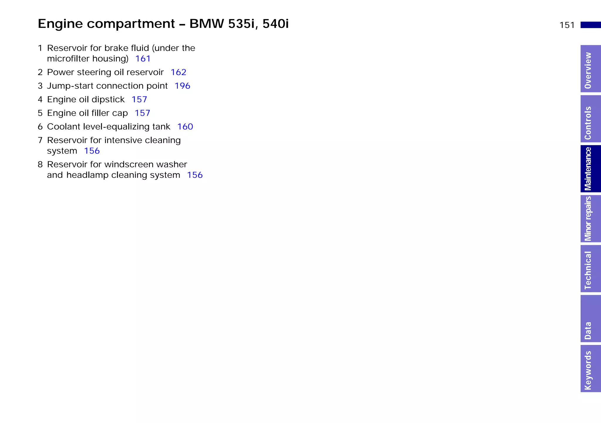 151n
MinorrepairsKeywordsOverviewControlsMaintenanceTechnicalData
Engine compartment – BMW 535i, 540i
1 Reservoir for brake fluid (under the
microfilter housing) 161
2 Power steering oil reservoir 162
3 Jump-start connection point 196
4 Engine oil dipstick 157
5 Engine oil filler cap 157
6 Coolant level-equalizing tank 160
7 Reservoir for intensive cleaning
system 156
8 Reservoir for windscreen washer
and headlamp cleaning system 156
Online Edition for Part-No. 01 41 9 791 301 - © 01/99 BMW AG
 