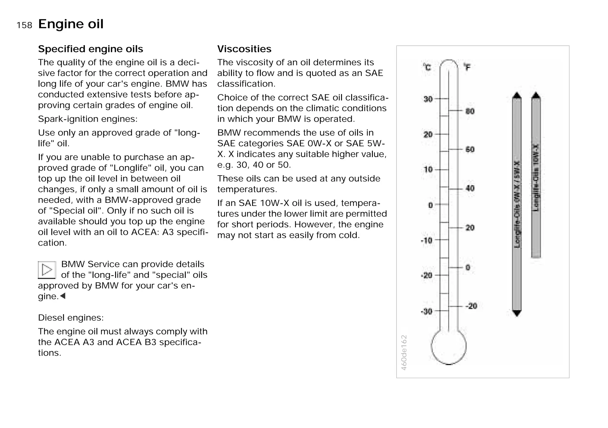 158nEngine oil
Specified engine oils
The quality of the engine oil is a deci-
sive factor for the correct operation and
long life of your car's engine. BMW has
conducted extensive tests before ap-
proving certain grades of engine oil.
Spark-ignition engines:
Use only an approved grade of "long-
life" oil.
If you are unable to purchase an ap-
proved grade of "Longlife" oil, you can
top up the oil level in between oil
changes, if only a small amount of oil is
needed, with a BMW-approved grade
of "Special oil". Only if no such oil is
available should you top up the engine
oil level with an oil to ACEA: A3 specifi-
cation.
BMW Service can provide details
of the "long-life" and "special" oils
approved by BMW for your car's en-
gine.<
Diesel engines:
The engine oil must always comply with
the ACEA A3 and ACEA B3 specifica-
tions.
Viscosities
The viscosity of an oil determines its
ability to flow and is quoted as an SAE
classification.
Choice of the correct SAE oil classifica-
tion depends on the climatic conditions
in which your BMW is operated.
BMW recommends the use of oils in
SAE categories SAE 0W-X or SAE 5W-
X. X indicates any suitable higher value,
e.g. 30, 40 or 50.
These oils can be used at any outside
temperatures.
If an SAE 10W-X oil is used, tempera-
tures under the lower limit are permitted
for short periods. However, the engine
may not start as easily from cold.
460de162
Online Edition for Part-No. 01 41 9 791 301 - © 01/99 BMW AG
 