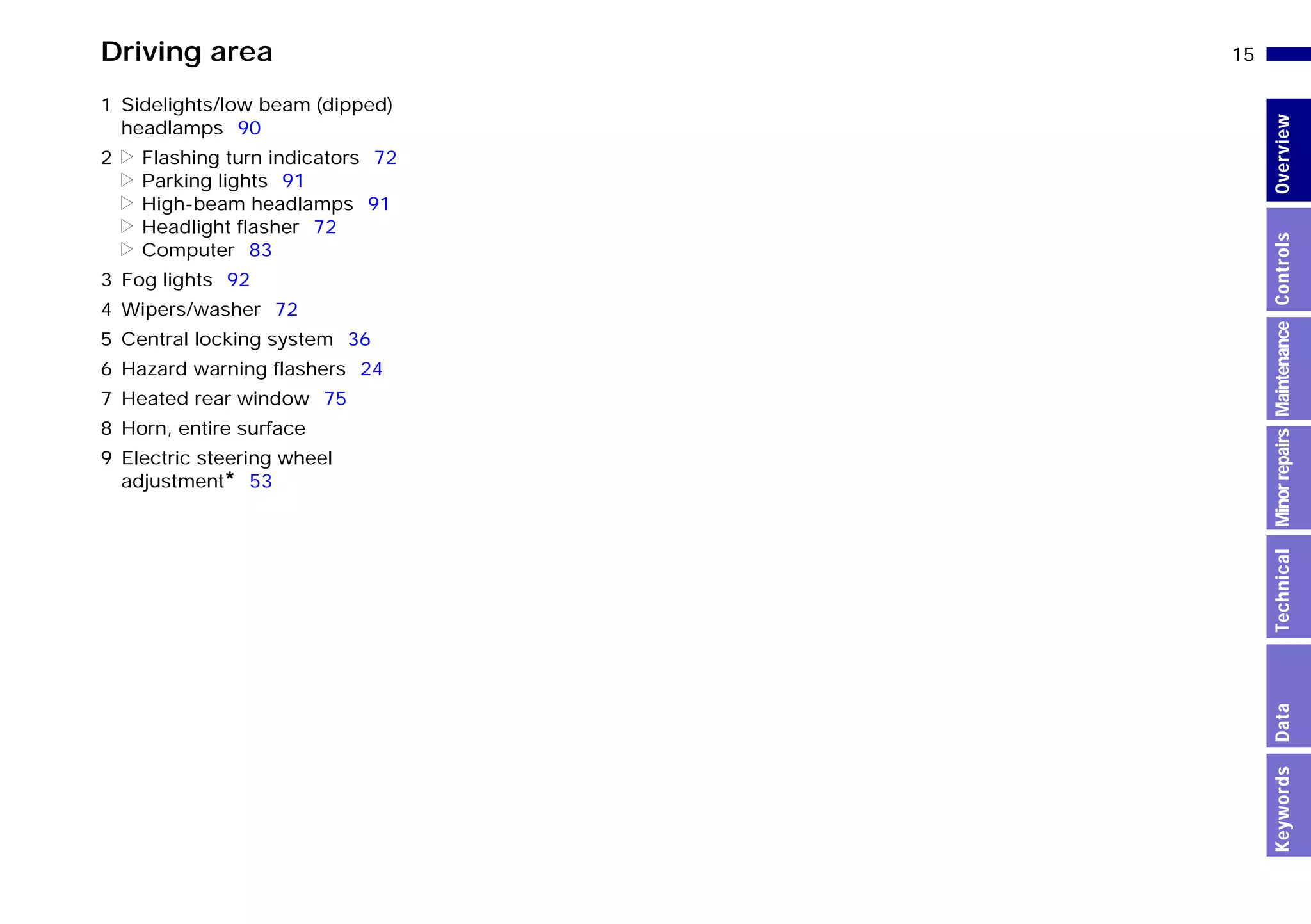 15n
MinorrepairsKeywordsOverviewControlsMaintenanceTechnicalData
1 Sidelights/low beam (dipped)
headlamps 90
2 d Flashing turn indicators 72
> Parking lights 91
> High-beam headlamps 91
> Headlight flasher 72
> Computer 83
3 Fog lights 92
4 Wipers/washer 72
5 Central locking system 36
6 Hazard warning flashers 24
7 Heated rear window 75
8 Horn, entire surface
9 Electric steering wheel
adjustment* 53
Driving area
Online Edition for Part-No. 01 41 9 791 301 - © 01/99 BMW AG
 
