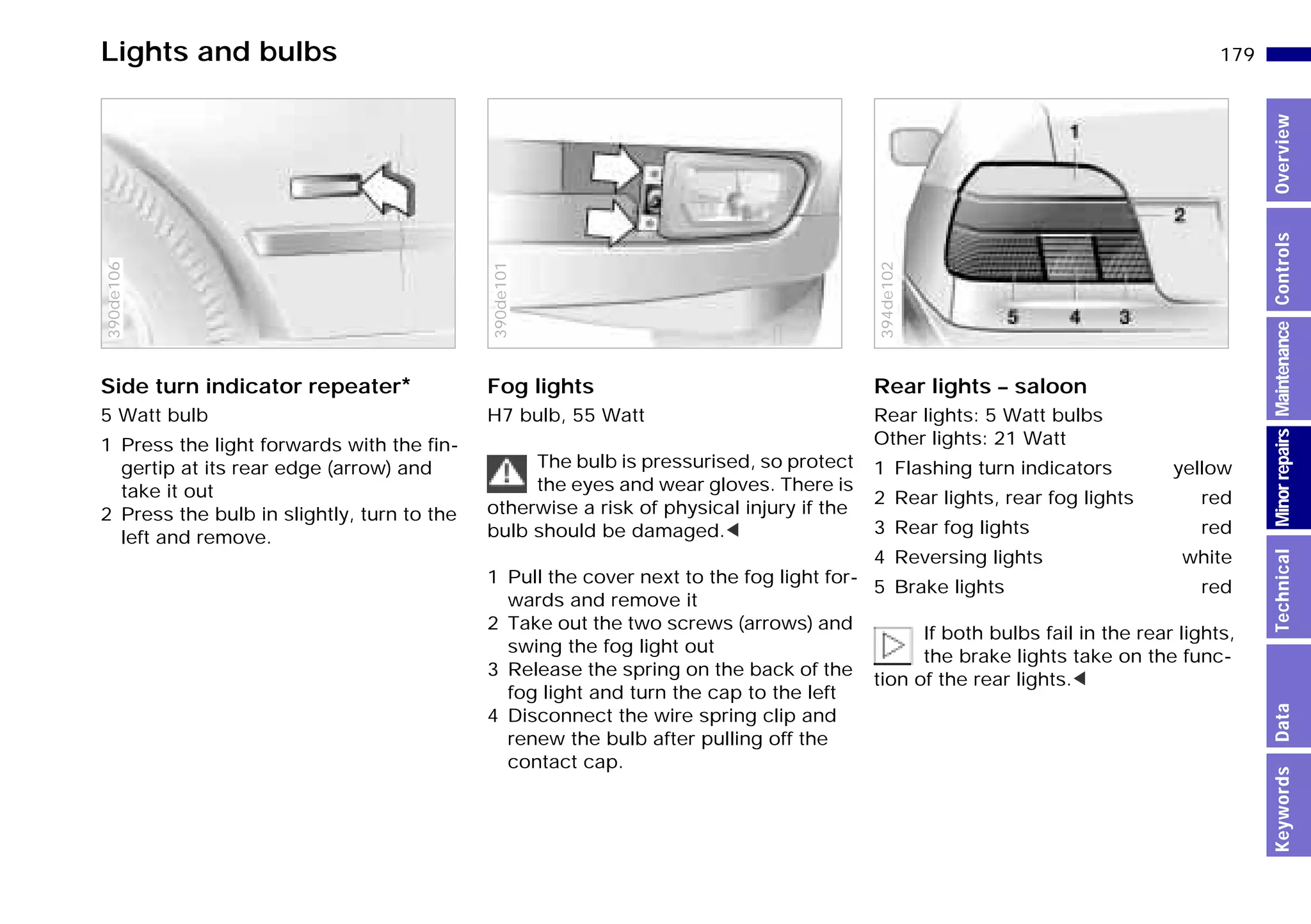 179n
MinorrepairsKeywordsOverviewControlsMaintenanceTechnicalData
Lights and bulbs
Side turn indicator repeater*
5 Watt bulb
1 Press the light forwards with the fin-
gertip at its rear edge (arrow) and
take it out
2 Press the bulb in slightly, turn to the
left and remove.
390de106
Fog lights
H7 bulb, 55 Watt
The bulb is pressurised, so protect
the eyes and wear gloves. There is
otherwise a risk of physical injury if the
bulb should be damaged.<
1 Pull the cover next to the fog light for-
wards and remove it
2 Take out the two screws (arrows) and
swing the fog light out
3 Release the spring on the back of the
fog light and turn the cap to the left
4 Disconnect the wire spring clip and
renew the bulb after pulling off the
contact cap.
390de101
Rear lights – saloon
Rear lights: 5 Watt bulbs
Other lights: 21 Watt
1 Flashing turn indicators yellow
2 Rear lights, rear fog lights red
3 Rear fog lights red
4 Reversing lights white
5 Brake lights red
If both bulbs fail in the rear lights,
the brake lights take on the func-
tion of the rear lights.<
394de102
Online Edition for Part-No. 01 41 9 791 301 - © 01/99 BMW AG
 