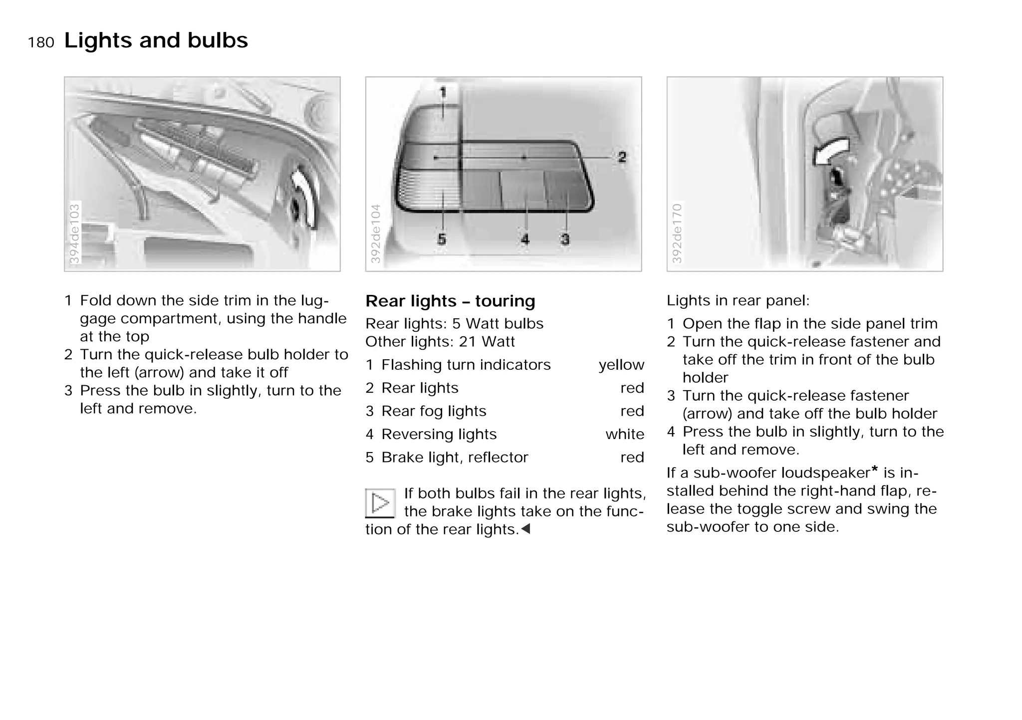 180nLights and bulbs
1 Fold down the side trim in the lug-
gage compartment, using the handle
at the top
2 Turn the quick-release bulb holder to
the left (arrow) and take it off
3 Press the bulb in slightly, turn to the
left and remove.
394de103
Rear lights – touring
Rear lights: 5 Watt bulbs
Other lights: 21 Watt
1 Flashing turn indicators yellow
2 Rear lights red
3 Rear fog lights red
4 Reversing lights white
5 Brake light, reflector red
If both bulbs fail in the rear lights,
the brake lights take on the func-
tion of the rear lights.<
392de104
Lights in rear panel:
1 Open the flap in the side panel trim
2 Turn the quick-release fastener and
take off the trim in front of the bulb
holder
3 Turn the quick-release fastener
(arrow) and take off the bulb holder
4 Press the bulb in slightly, turn to the
left and remove.
If a sub-woofer loudspeaker* is in-
stalled behind the right-hand flap, re-
lease the toggle screw and swing the
sub-woofer to one side.
392de170
Online Edition for Part-No. 01 41 9 791 301 - © 01/99 BMW AG
 