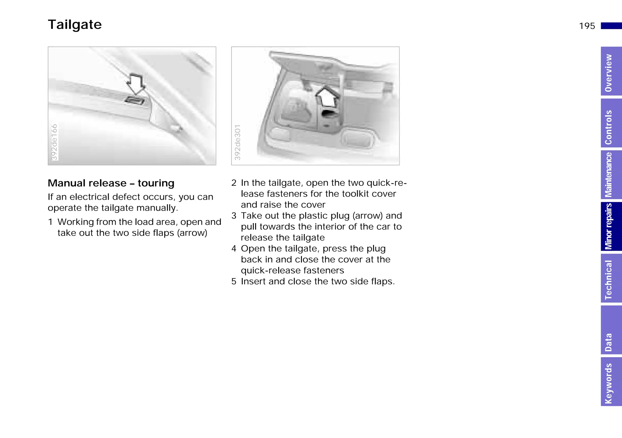 195n
MinorrepairsKeywordsOverviewControlsMaintenanceTechnicalData
Tailgate
Manual release – touring
If an electrical defect occurs, you can
operate the tailgate manually.
1 Working from the load area, open and
take out the two side flaps (arrow)
392de166
2 In the tailgate, open the two quick-re-
lease fasteners for the toolkit cover
and raise the cover
3 Take out the plastic plug (arrow) and
pull towards the interior of the car to
release the tailgate
4 Open the tailgate, press the plug
back in and close the cover at the
quick-release fasteners
5 Insert and close the two side flaps.
392de301
Online Edition for Part-No. 01 41 9 791 301 - © 01/99 BMW AG
 
