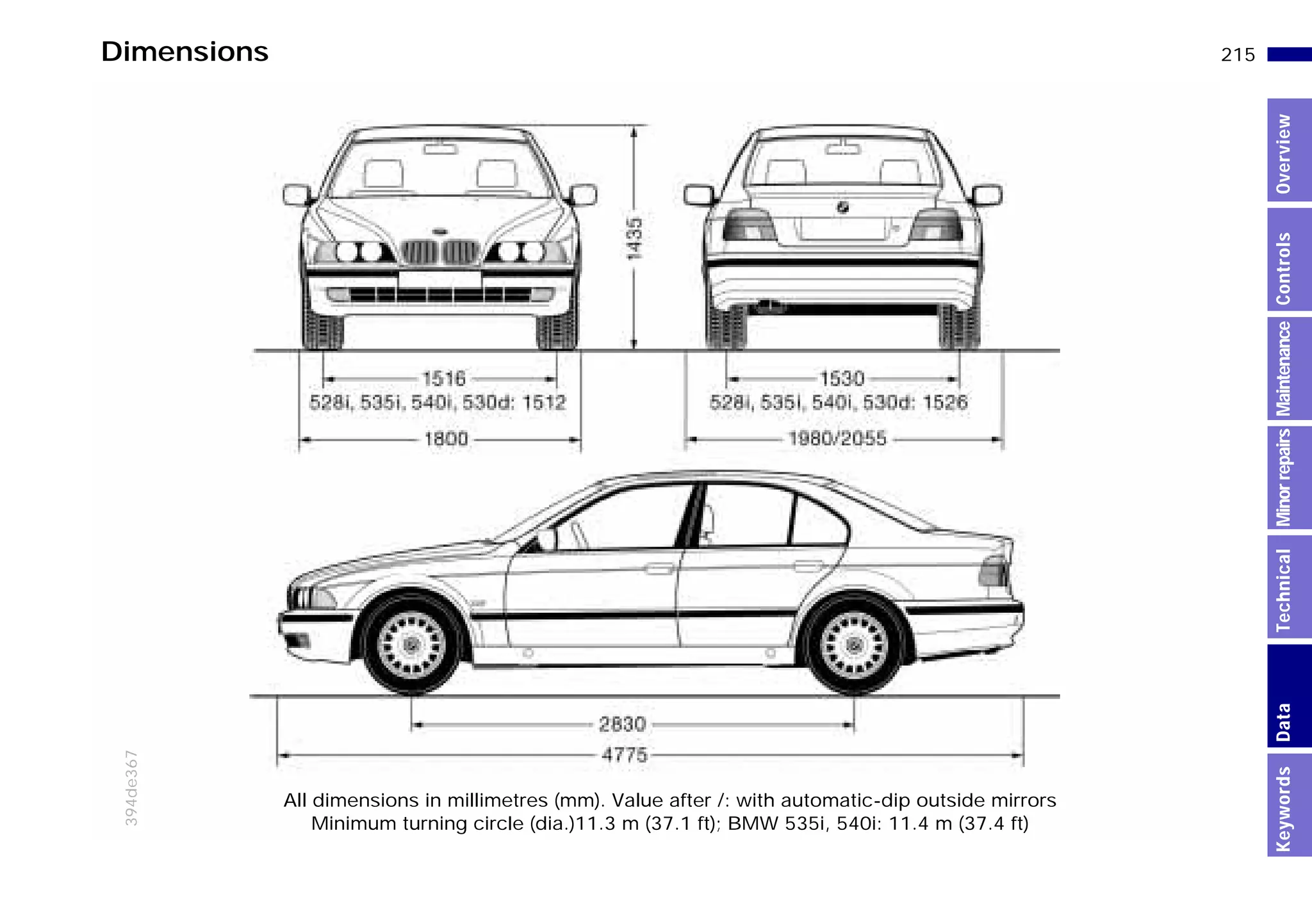 215n
MinorrepairsKeywordsOverviewControlsMaintenanceTechnicalData
Dimensions
394de367
All dimensions in millimetres (mm). Value after /: with automatic-dip outside mirrors
Minimum turning circle (dia.)11.3 m (37.1 ft); BMW 535i, 540i: 11.4 m (37.4 ft)
Online Edition for Part-No. 01 41 9 791 301 - © 01/99 BMW AG
 