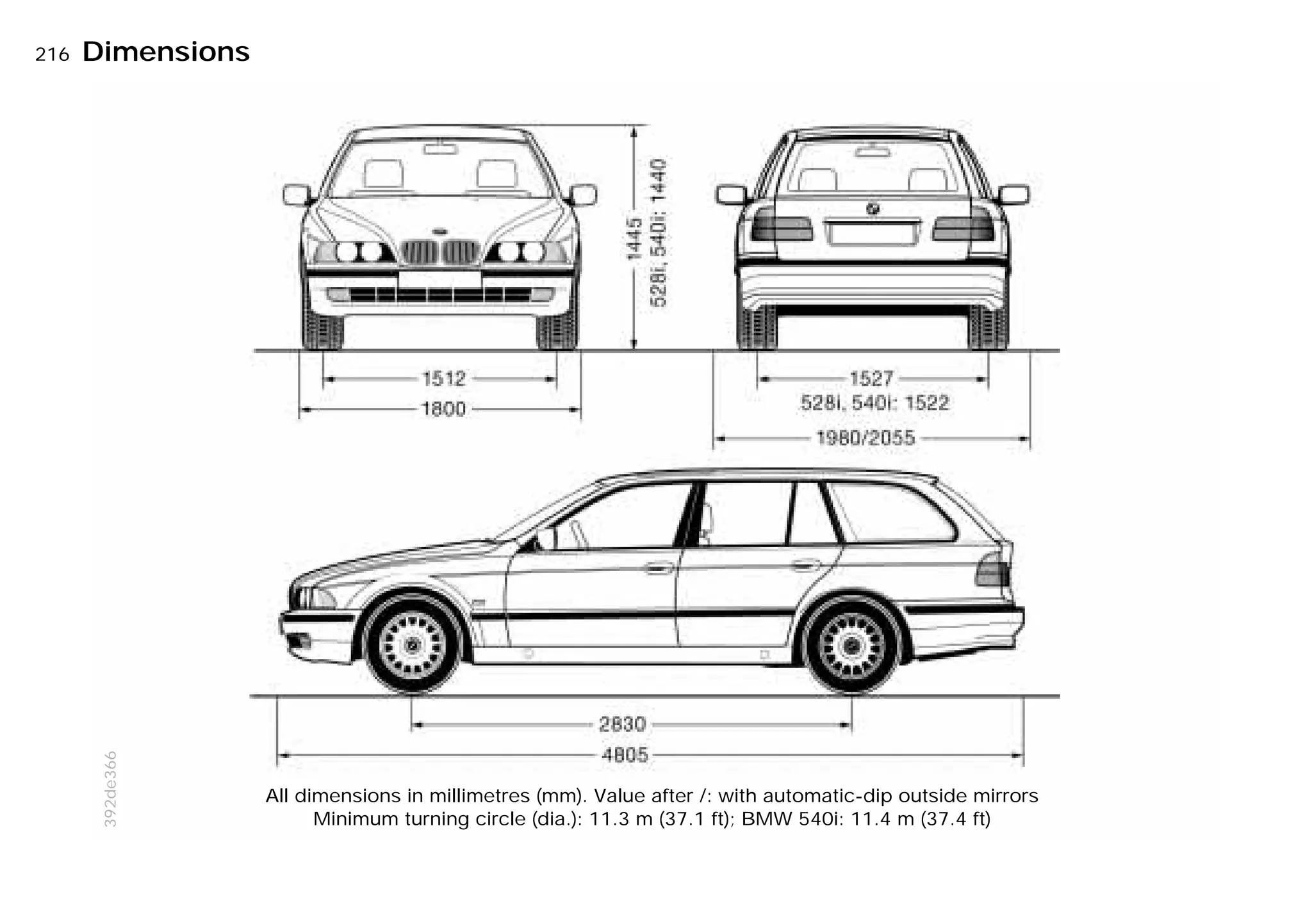 216nDimensions
392de366
All dimensions in millimetres (mm). Value after /: with automatic-dip outside mirrors
Minimum turning circle (dia.): 11.3 m (37.1 ft); BMW 540i: 11.4 m (37.4 ft)
Online Edition for Part-No. 01 41 9 791 301 - © 01/99 BMW AG
 